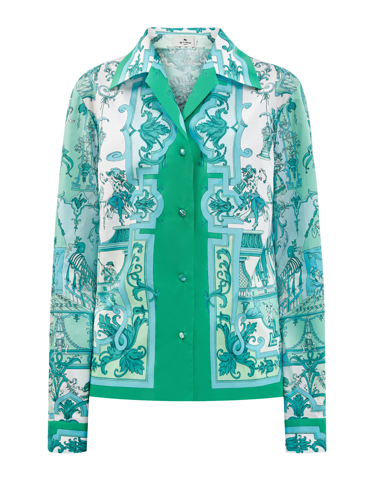 Блуза из эластичного хлопкового твила с набивным принтом ETRO зеленого цвета