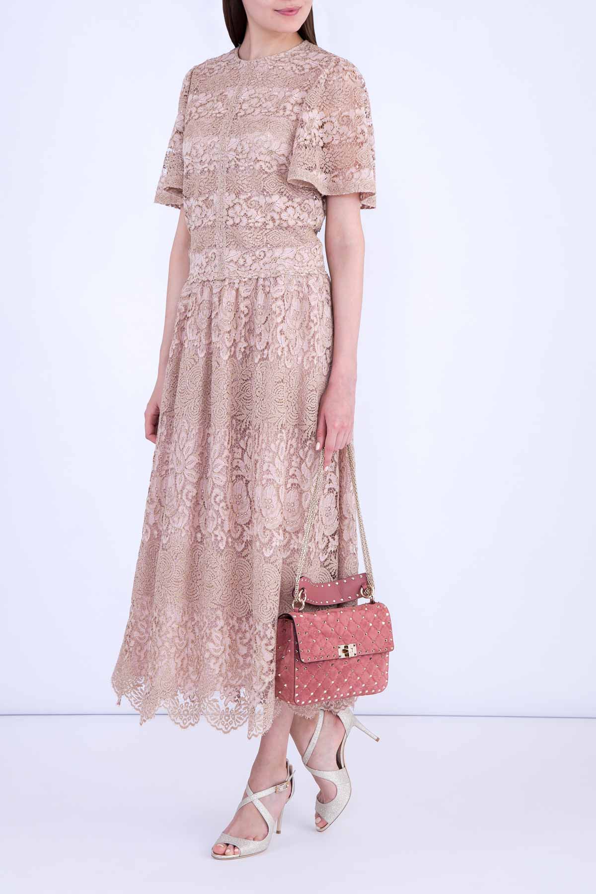 Платье-миди из кружева ручной работы с заниженной линией талии VALENTINO, цвет бежевый, размер 42 - фото 2