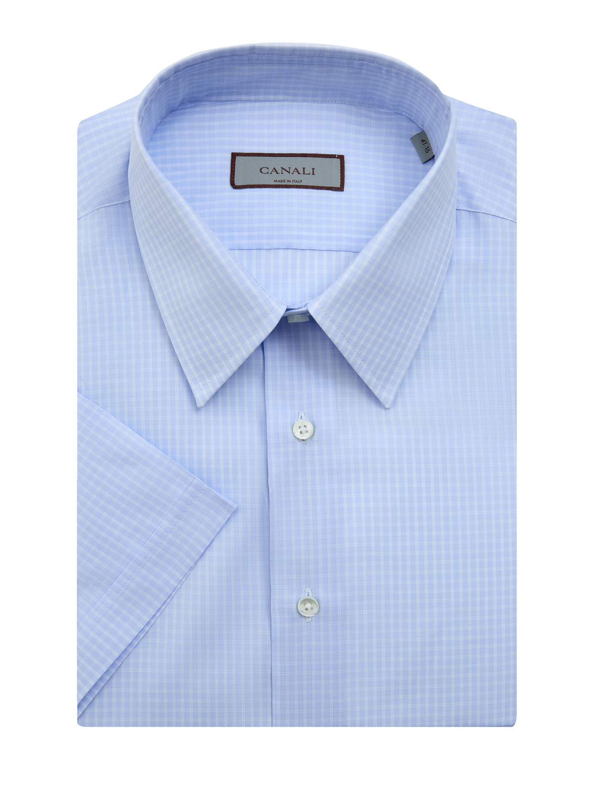 Рубашка с короткими рукавами из хлопкового поплина в клетку CANALI голубого цвета