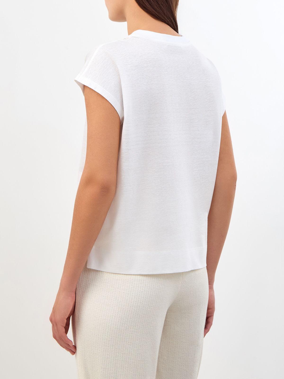 Свободная футболка из хлопка и льна с трикотажным воротом PESERICO, цвет белый, размер 38;40;42;44;48 - фото 4