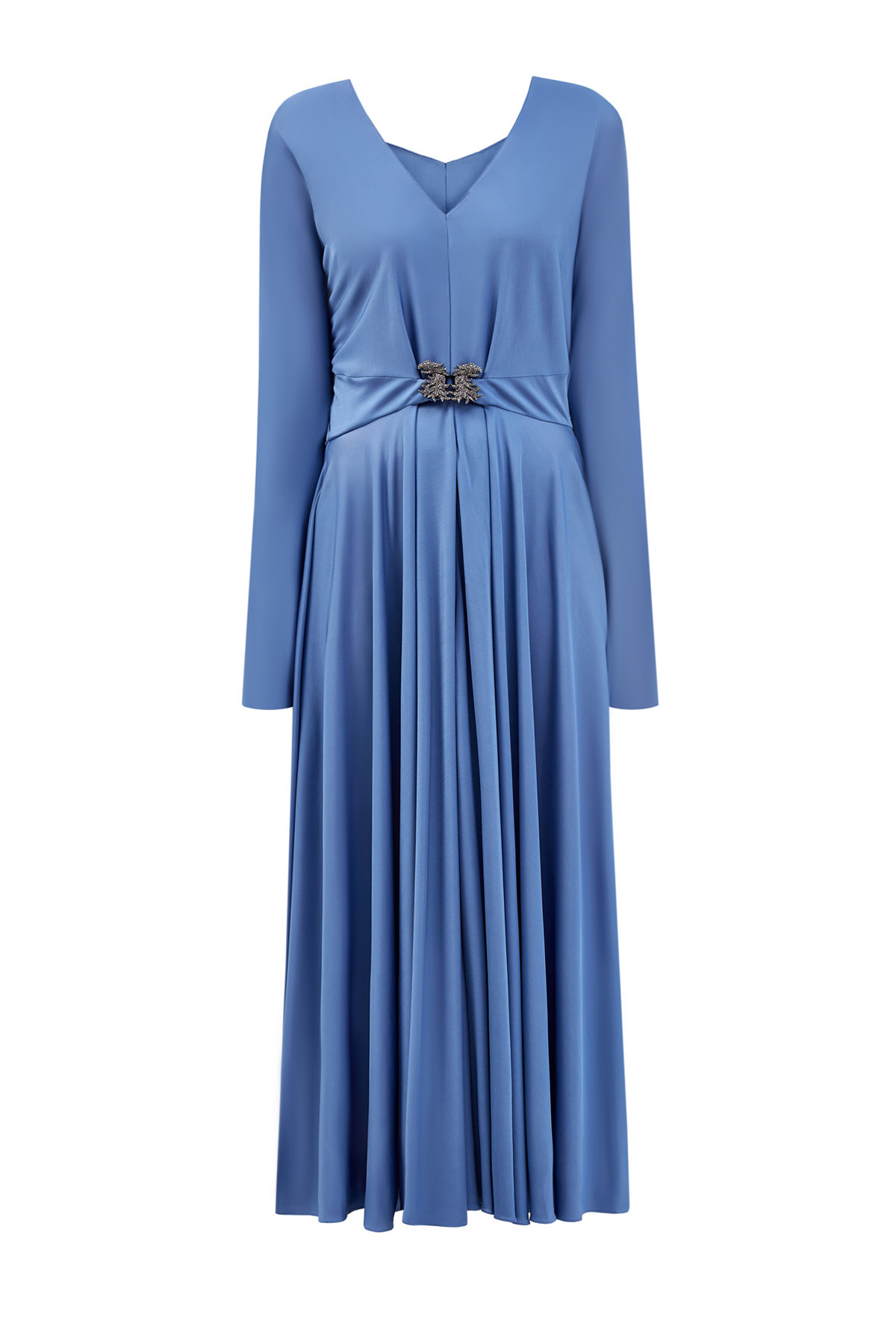 Струящееся платье с кейпом на спинке и подвеской с кристаллами VALENTINO синего цвета