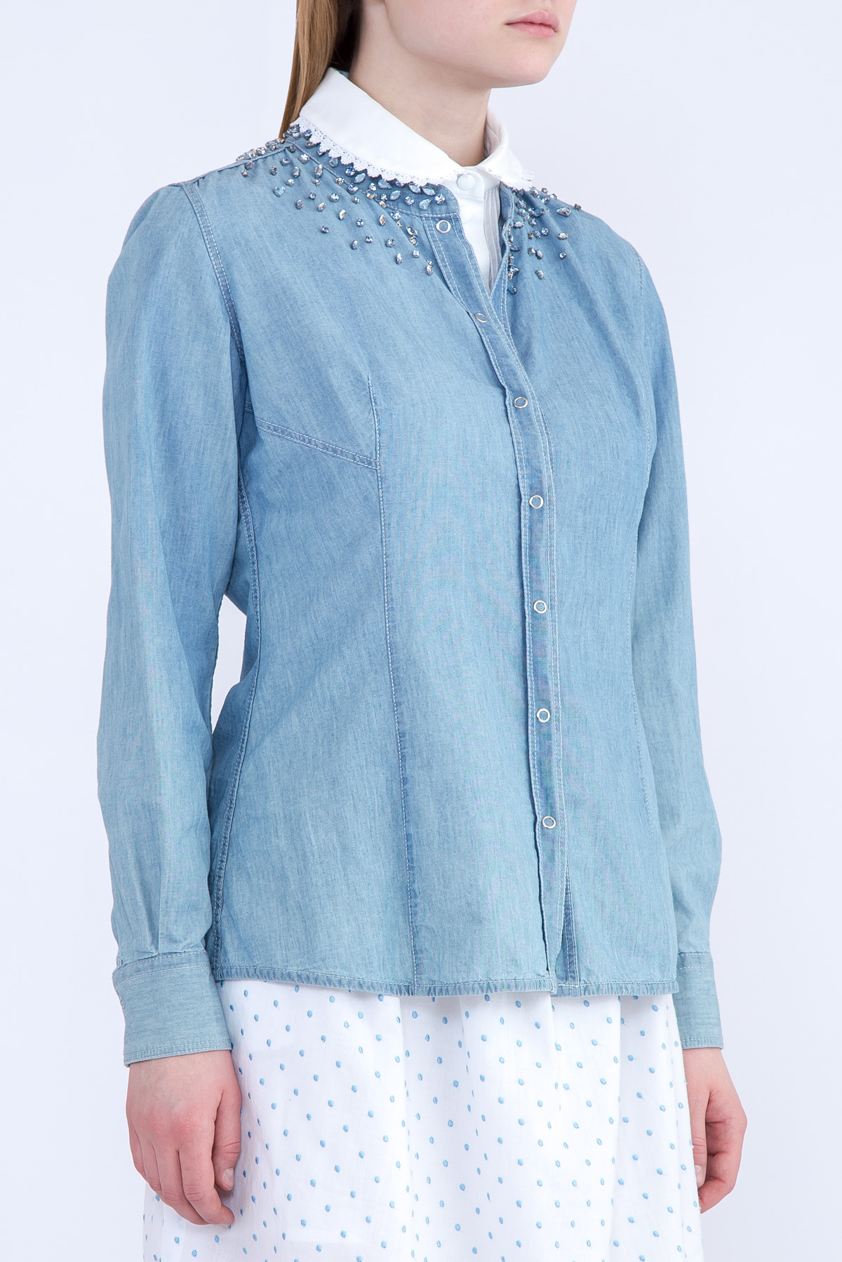 Рубашка из тонкого денима с воротом-стойкой и россыпью кристаллов ERMANNO SCERVINO, цвет голубой, размер 42 - фото 3
