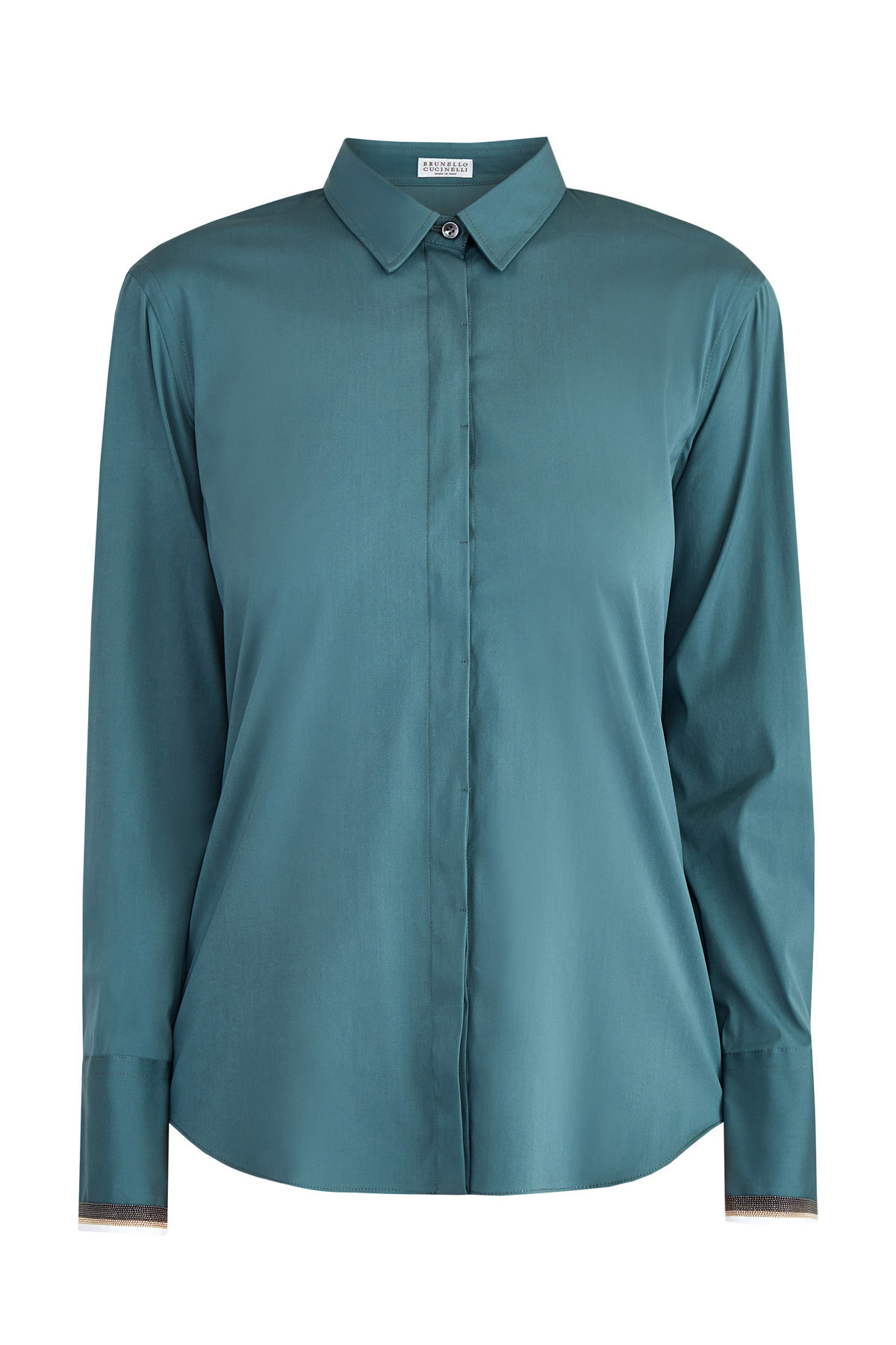 Рубашка с вышивкой Мониль на манжетах BRUNELLO CUCINELLI, цвет бирюзовый, размер 46