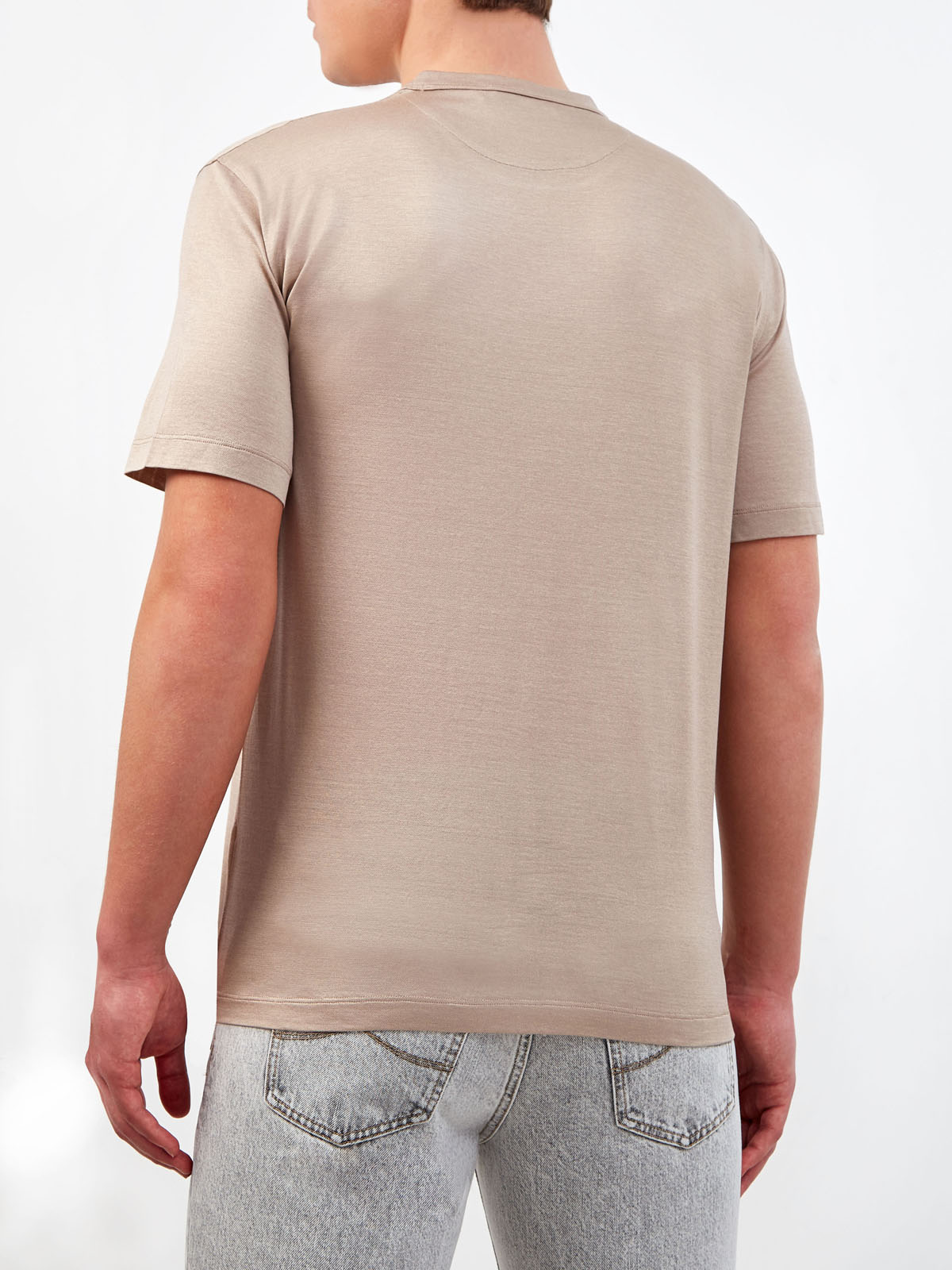 Однотонная футболка из гладкого шелка и хлопка CORTIGIANI, цвет бежевый, размер 50;52;54;56;58;60;62 - фото 4