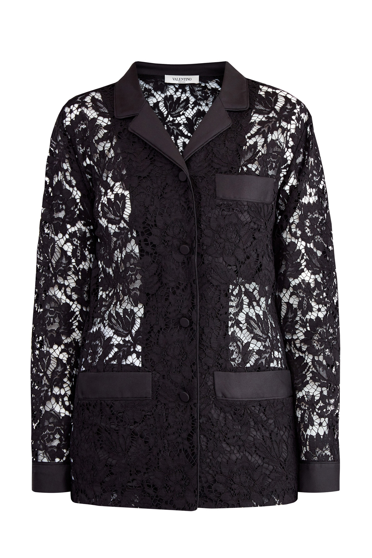 Жакет в пижамном стиле из кружева Heavy Lace с атласной отделкой VALENTINO, цвет черный, размер 40;42