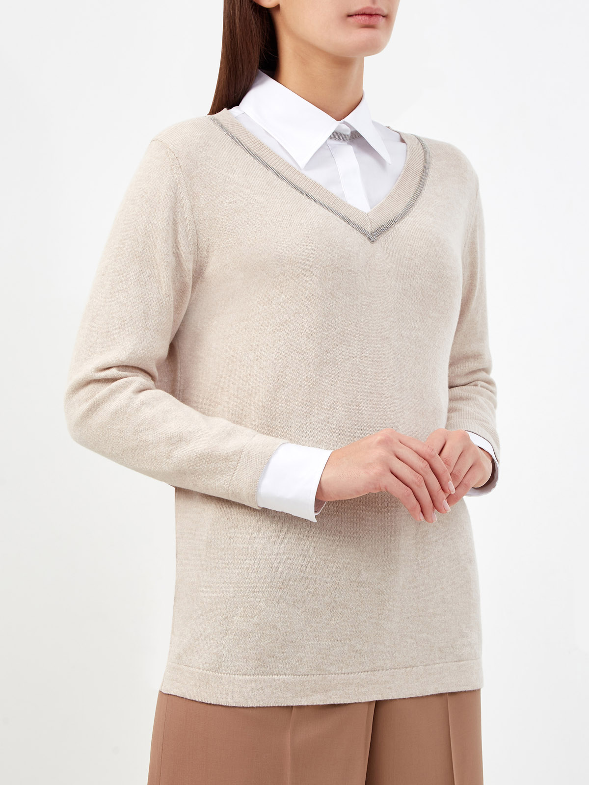 Пуловер из пряжи Platinum с окантовкой рядами цепочек FABIANA FILIPPI, цвет бежевый, размер 40;42;44;46;48 - фото 3