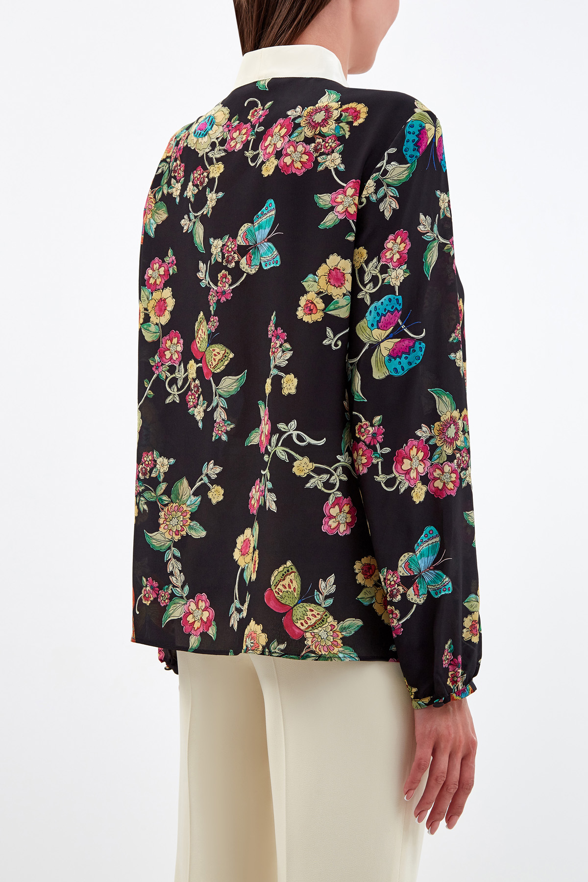 Шелковая блуза из крепдешина с принтом Flower and Butterflies REDVALENTINO, цвет черный, размер M;XL;2XL - фото 4