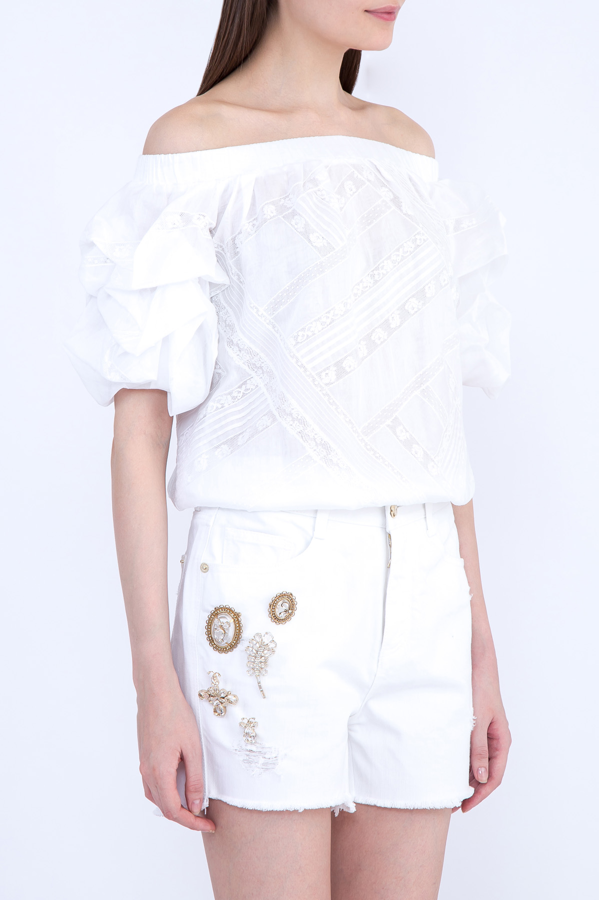 Блуза с открытой линией плеч и асимметричной кружевной отделкой ERMANNO SCERVINO, цвет белый, размер 38 - фото 3