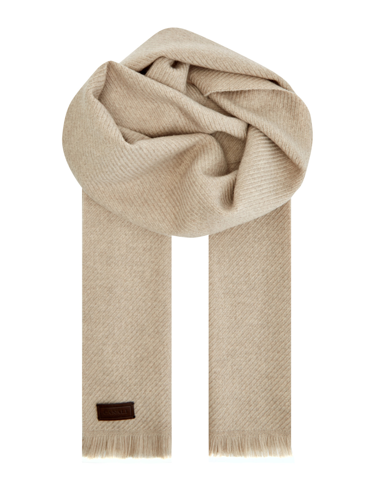 Шерстяной шарф с бахромой и нашивкой из кожи CANALI, цвет бежевый, размер 48;50;52;54;56