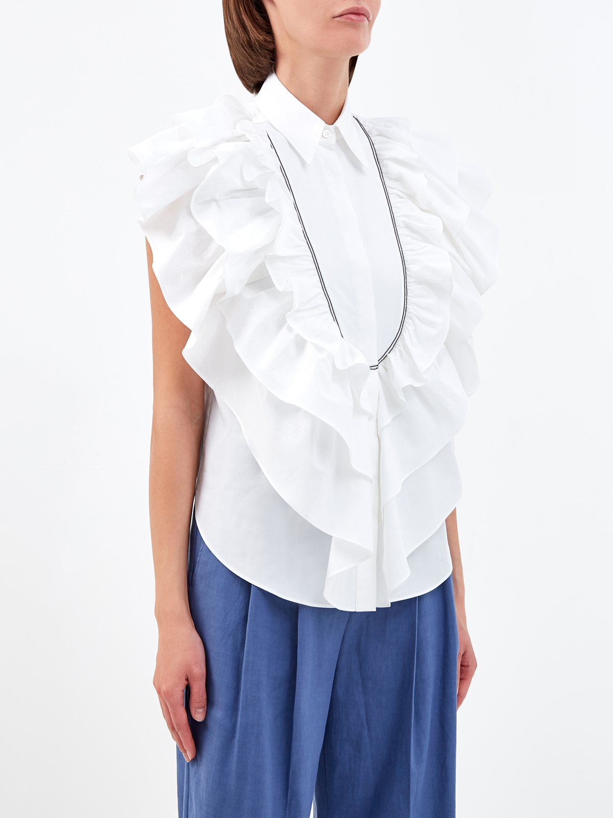 Хлопковая рубашка с вышивкой ручной работы и оборками BRUNELLO CUCINELLI, цвет белый, размер 40 - фото 3