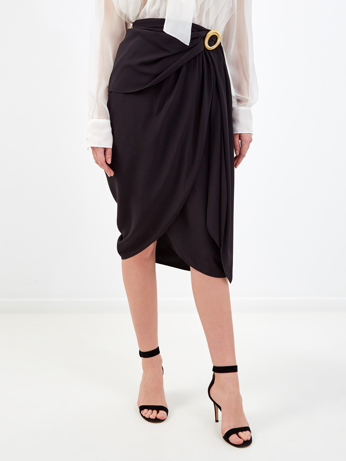 Шелковая юбка асимметричного кроя с золотистой пряжкой LANVIN, цвет черный, размер 44;46;42 - фото 3