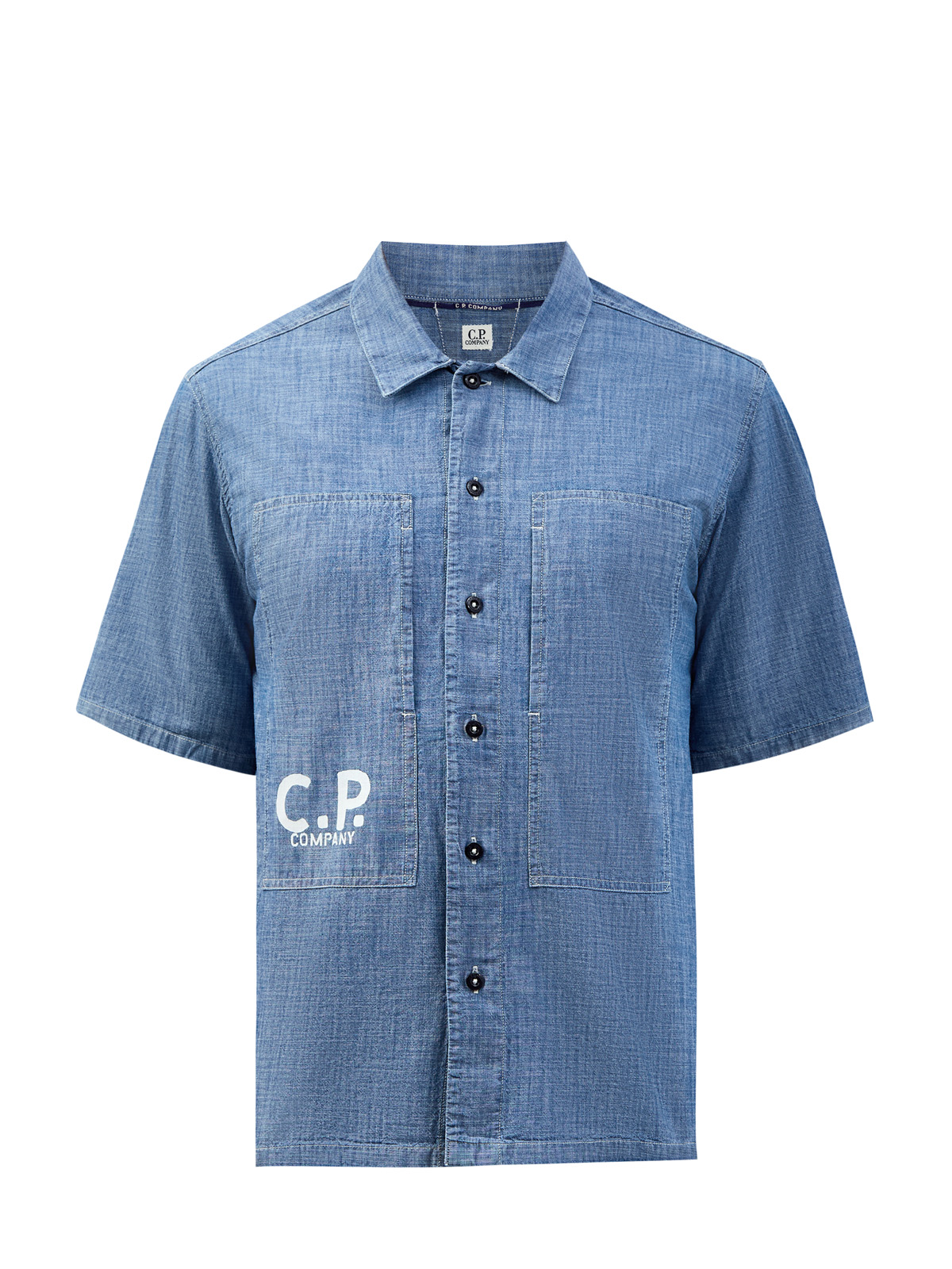 Рубашка из тонкого хлопкового денима Chambray с принтом C.P.COMPANY голубого цвета