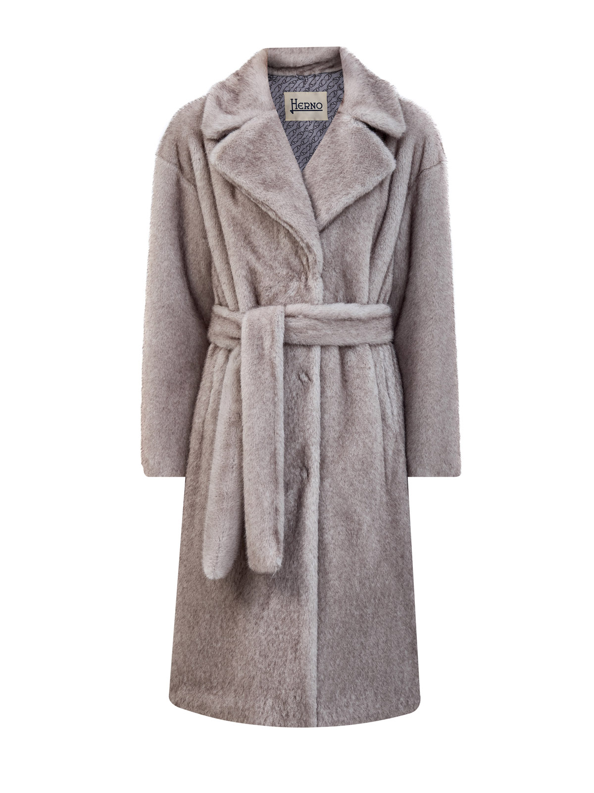 

Пальто из эко-меха с V-образным вырезом и поясом, Серый, Пальто из эко-меха с V-образным вырезом и поясом