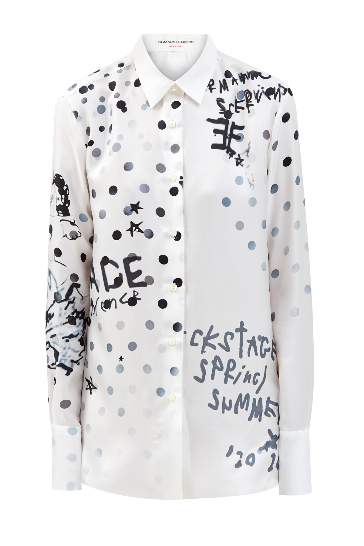 Шелковая блуза из гладкого крепдешина с графичным принтом ERMANNO SCERVINO, цвет белый, размер 38;42;44;46 - фото 1