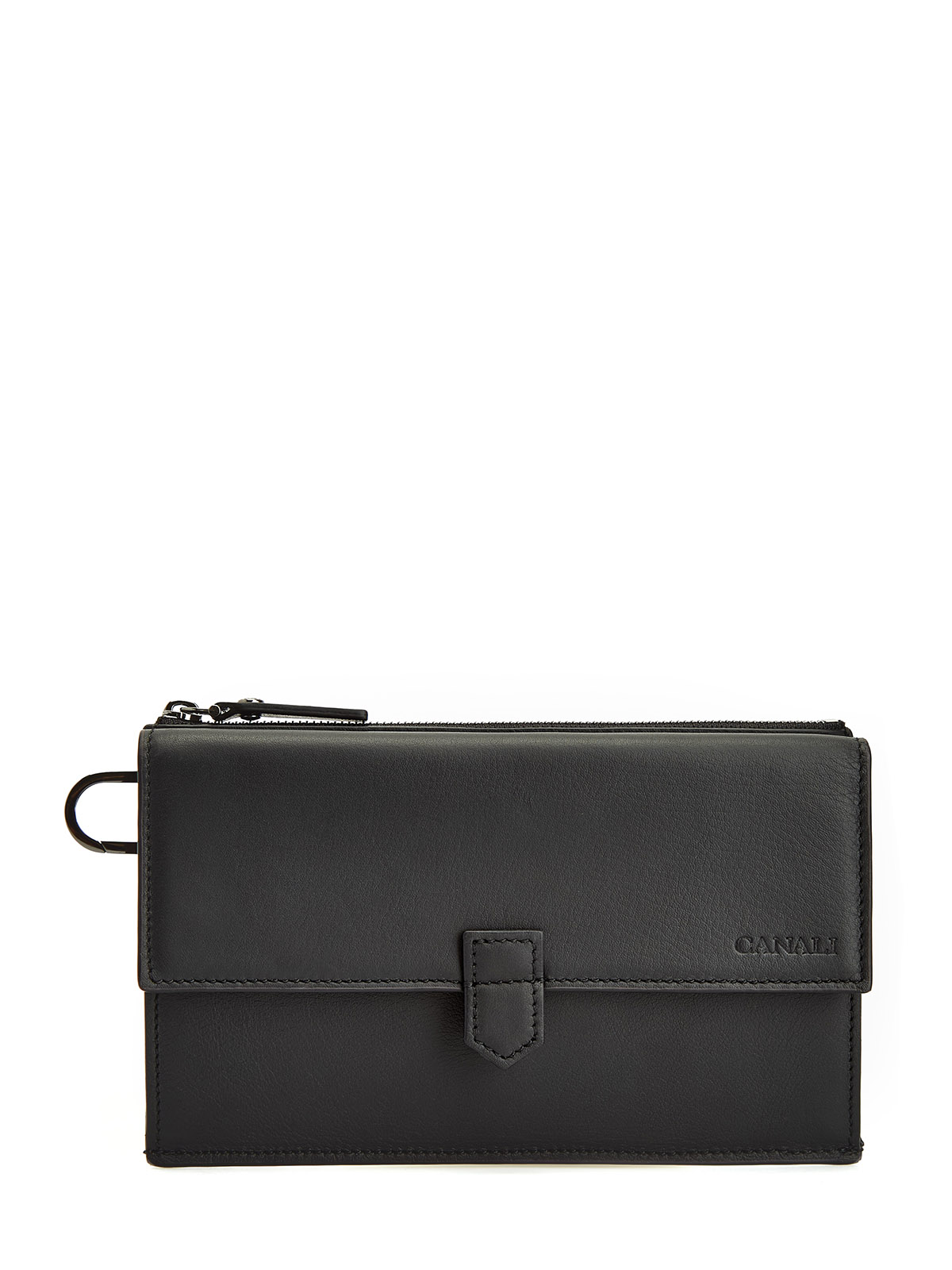 

Плоский дорожный кошелек из телячьей кожи с ремешком, Черный, Плоский дорожный кошелек из телячьей кожи с ремешком