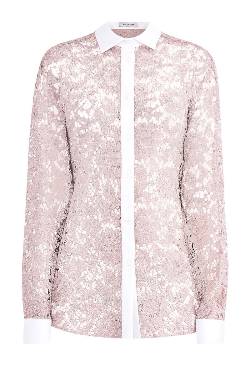 Ажурная кружевная рубашка с контрастной отделкой и отложным воротом VALENTINO, цвет розовый, размер 38;42 - фото 1