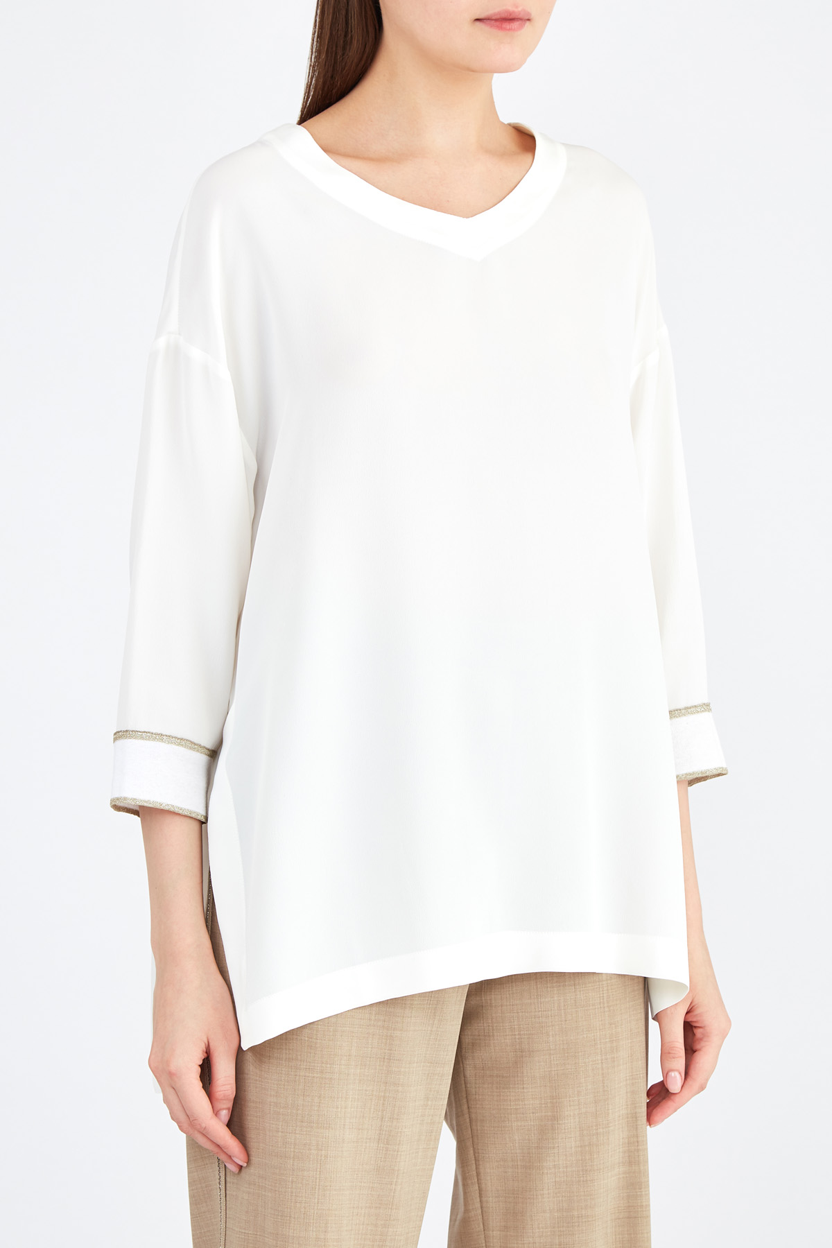 Блуза из шелковой ткани с манжетами из хлопка и люрекса LORENA ANTONIAZZI, цвет белый, размер 38;42;44;46 - фото 3