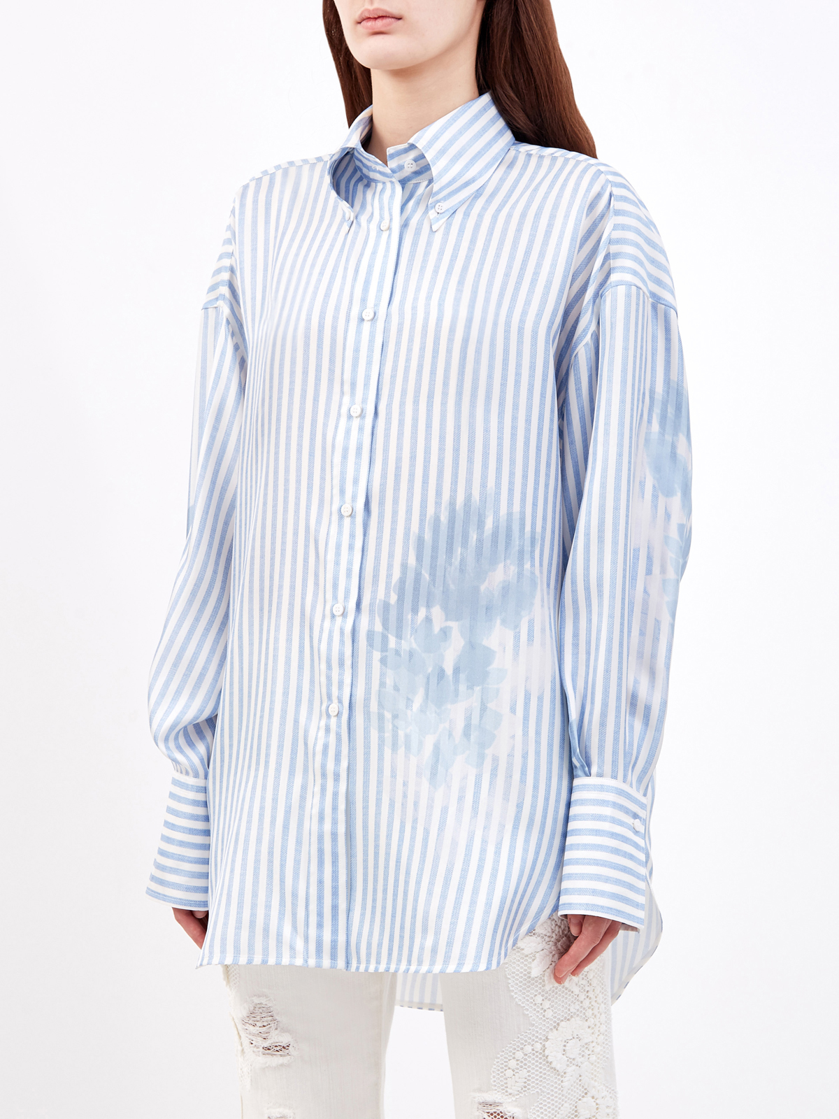Удлиненная блуза из шелка с принтом в полоску ERMANNO SCERVINO, цвет голубой, размер 46;44 - фото 3