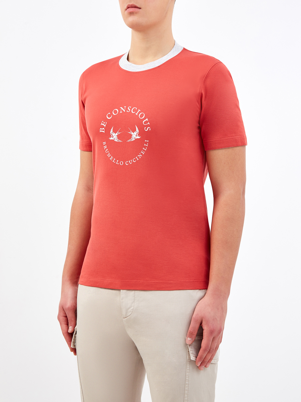 Хлопковая футболка с минималистичным принтом и контрастным кантом BRUNELLO CUCINELLI, цвет красный, размер 50;52;54;46 - фото 3