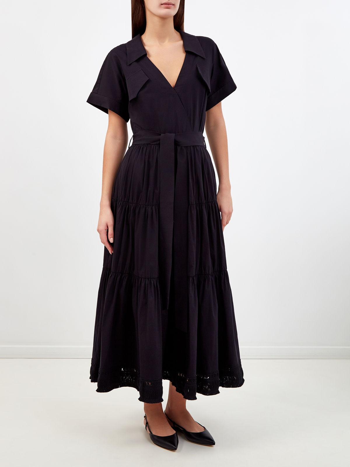 Платье из хлопка с объемным подолом и ажурной бахромой RE VERA, цвет черный, размер 44;46;42 - фото 3