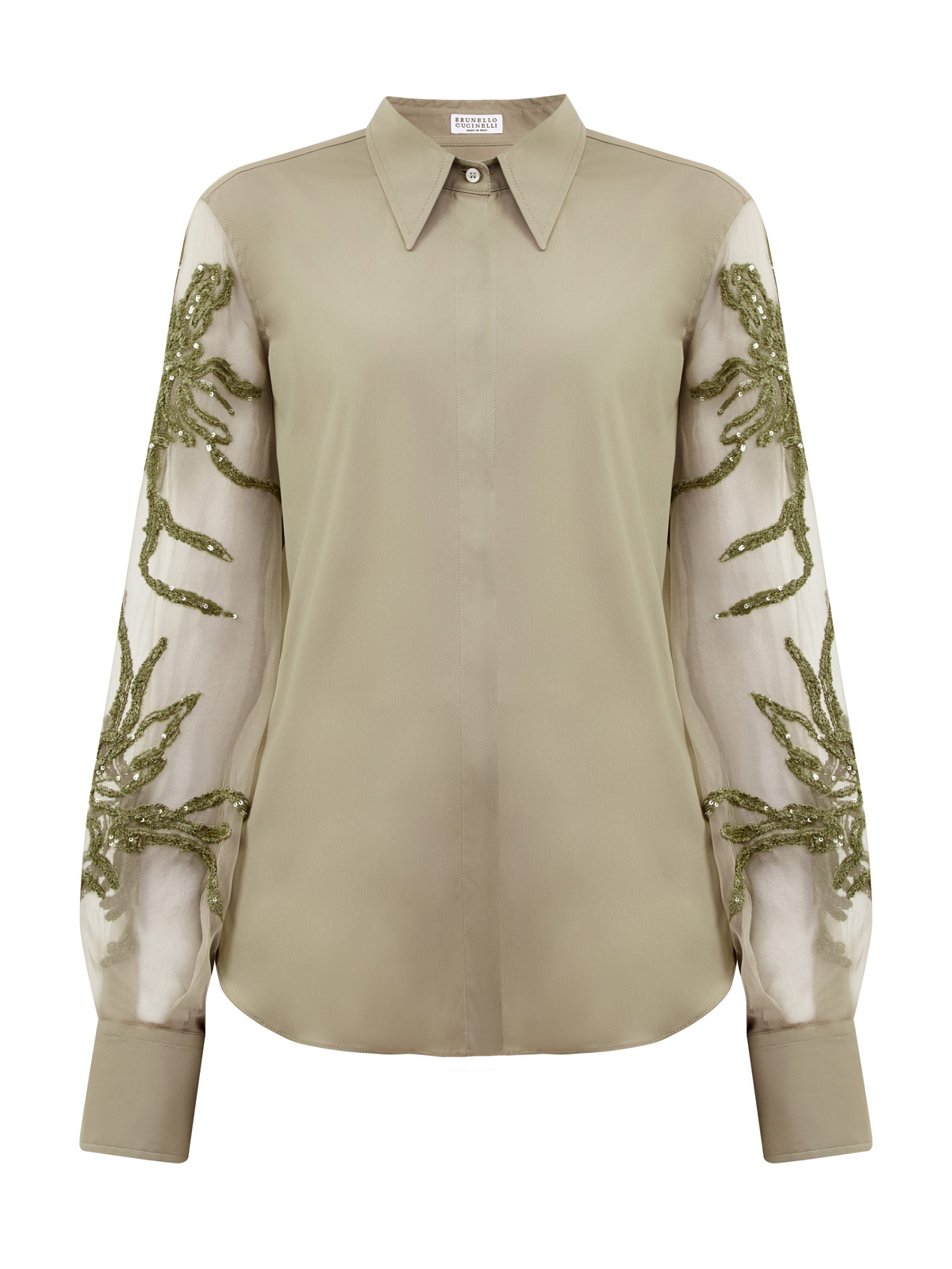 Блуза из хлопка и органзы с вышивкой Marine Flower BRUNELLO CUCINELLI, цвет зеленый, размер 42;44