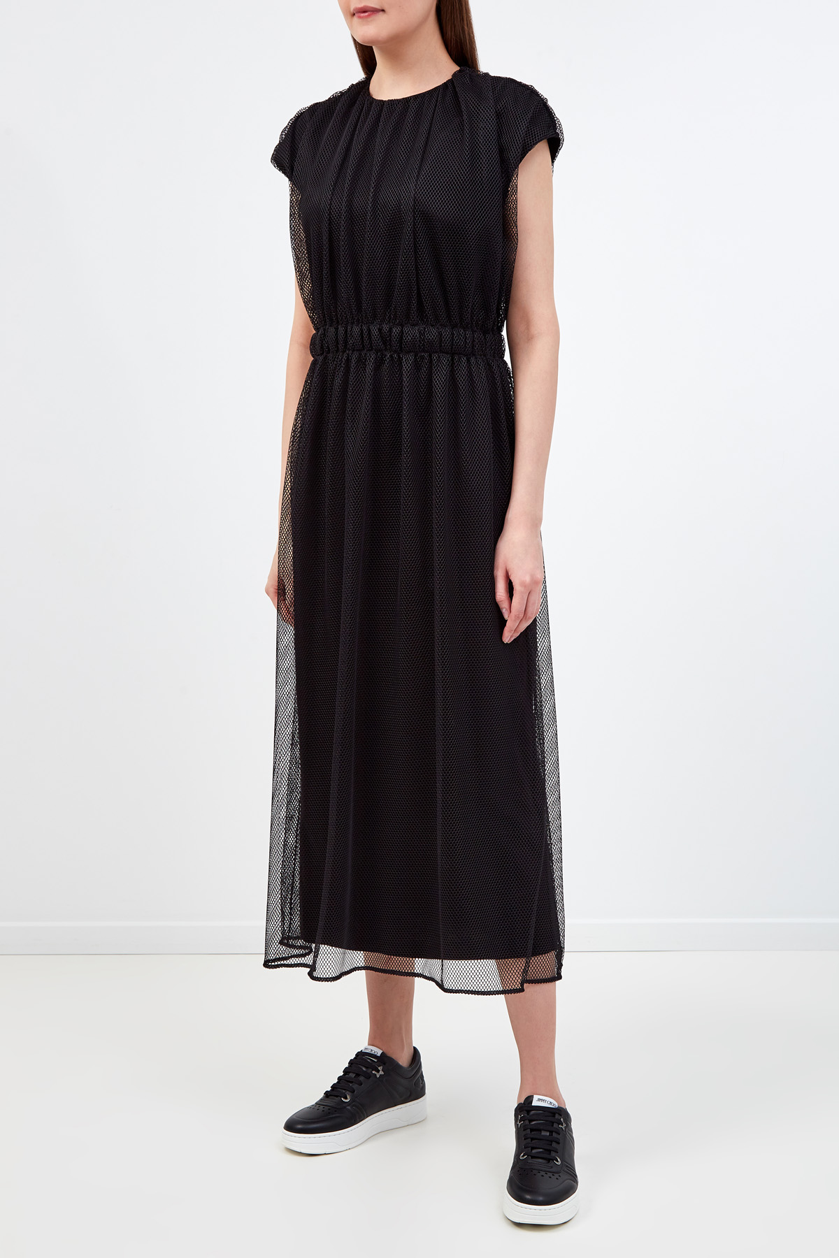 Двухслойное платье из хлопка и мембраны с разрезами по бокам MONCLER, цвет черный, размер 42 - фото 3