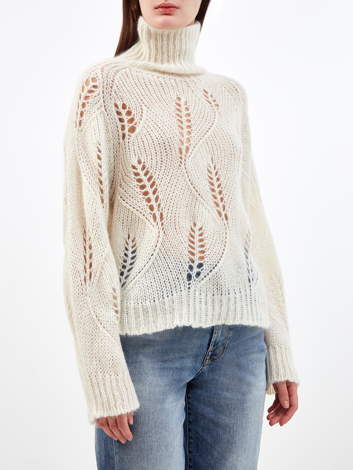 Мохеровый свитер ручной ажурной вязки FABIANA FILIPPI, цвет бежевый, размер 40 - фото 3