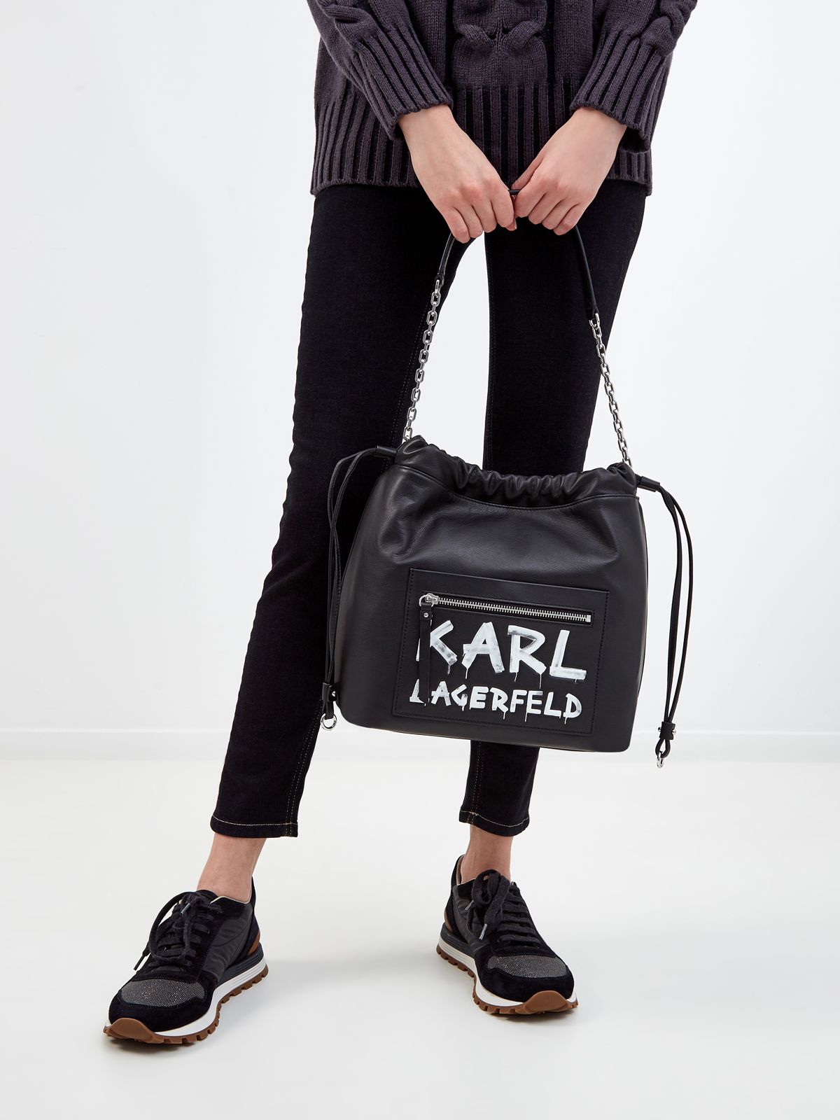 Кожаная сумка-тоут с декором ручной работы KARL LAGERFELD, цвет черный, размер 5;6;7;8;9 - фото 2