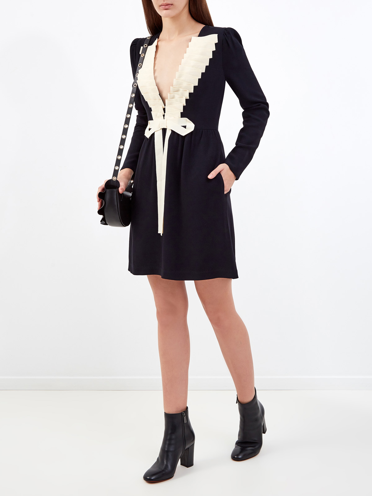 Платье из крепового кади stretch с контрастным декором REDVALENTINO, цвет черный, размер M;S - фото 2