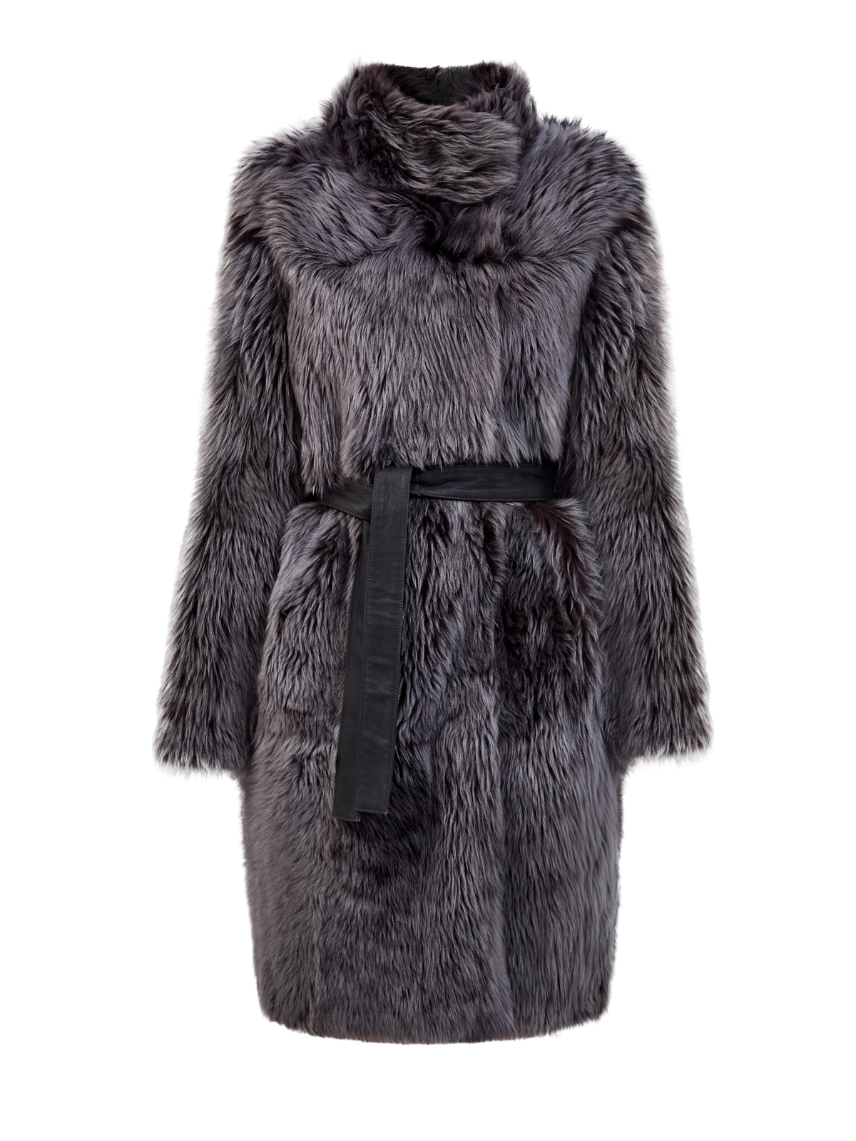 

Двусторонняя шуба из меха ягненка с кожаным поясом, Серый, Двусторонняя шуба из меха ягненка с кожаным поясом