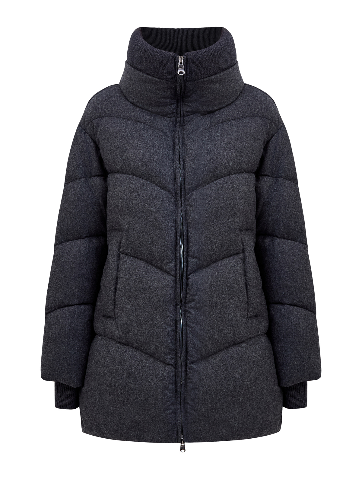 

Кашемировый пуховик с вязаной отделкой и воротом-стойкой, Серый, Кашемировый пуховик с вязаной отделкой и воротом-стойкой