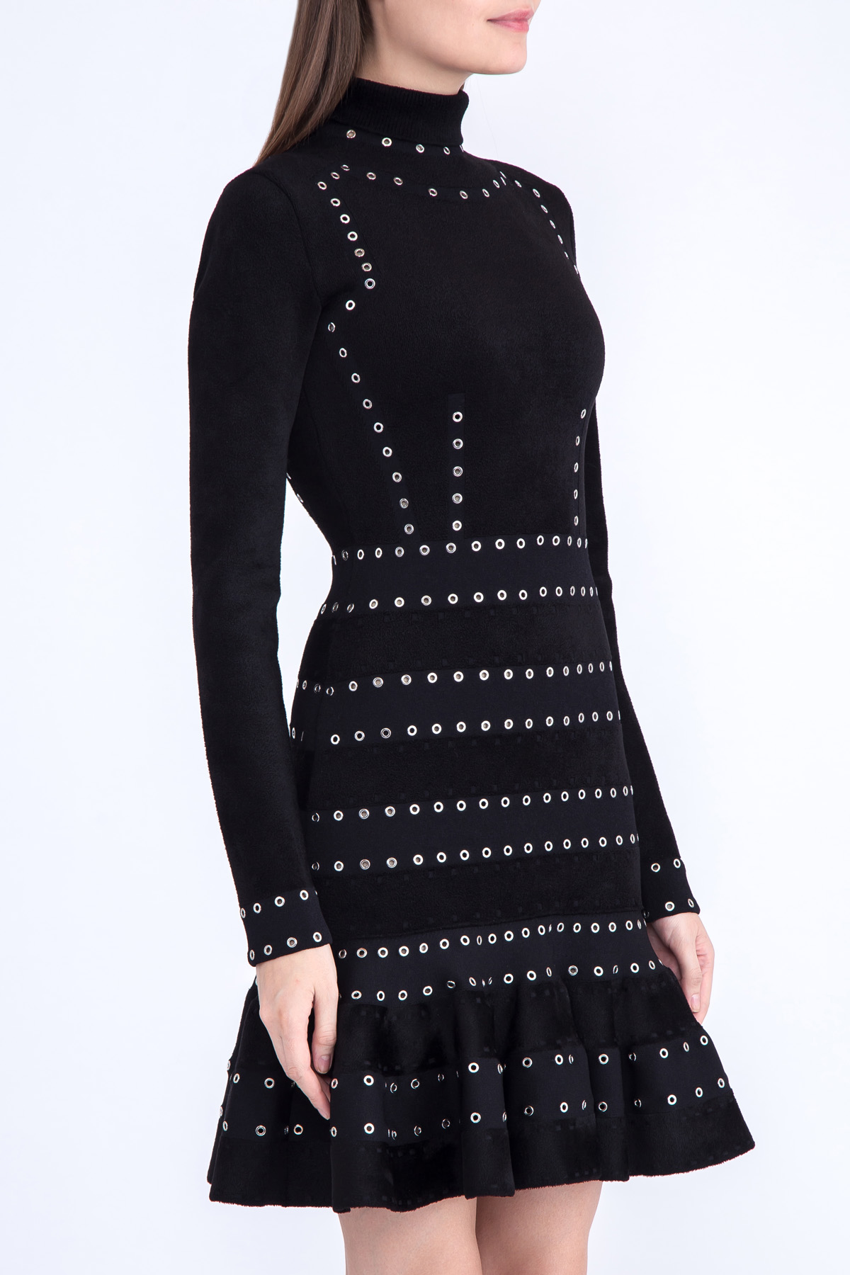 Платье из бархатистой ткани с рядами серебристых люверсов ALEXANDER MCQUEEN, цвет черный, размер 40;44 - фото 3