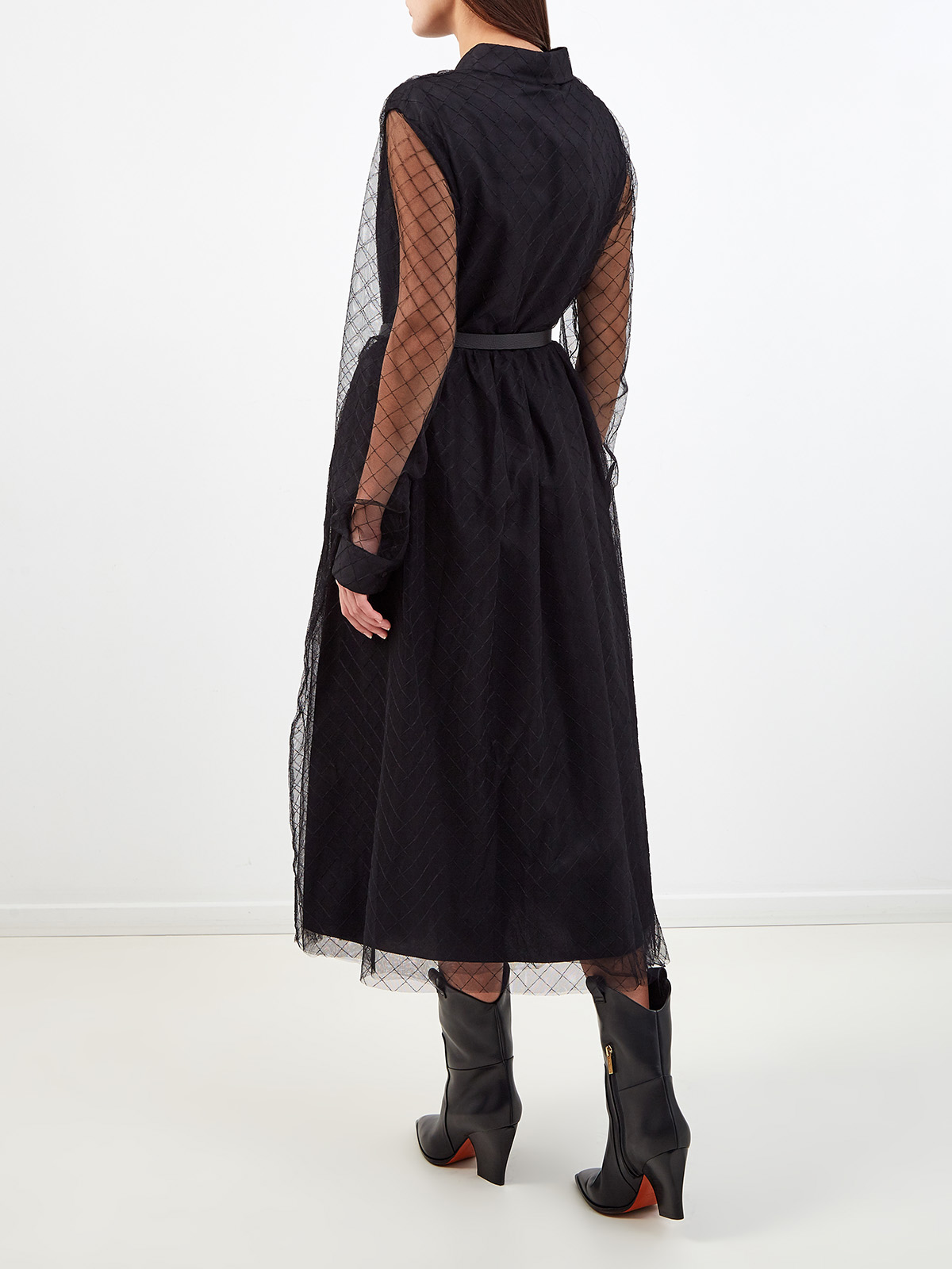Двухслойное платье-шемизье из полупрозрачного тюля с поясом FABIANA FILIPPI, цвет черный, размер 46;44 - фото 4