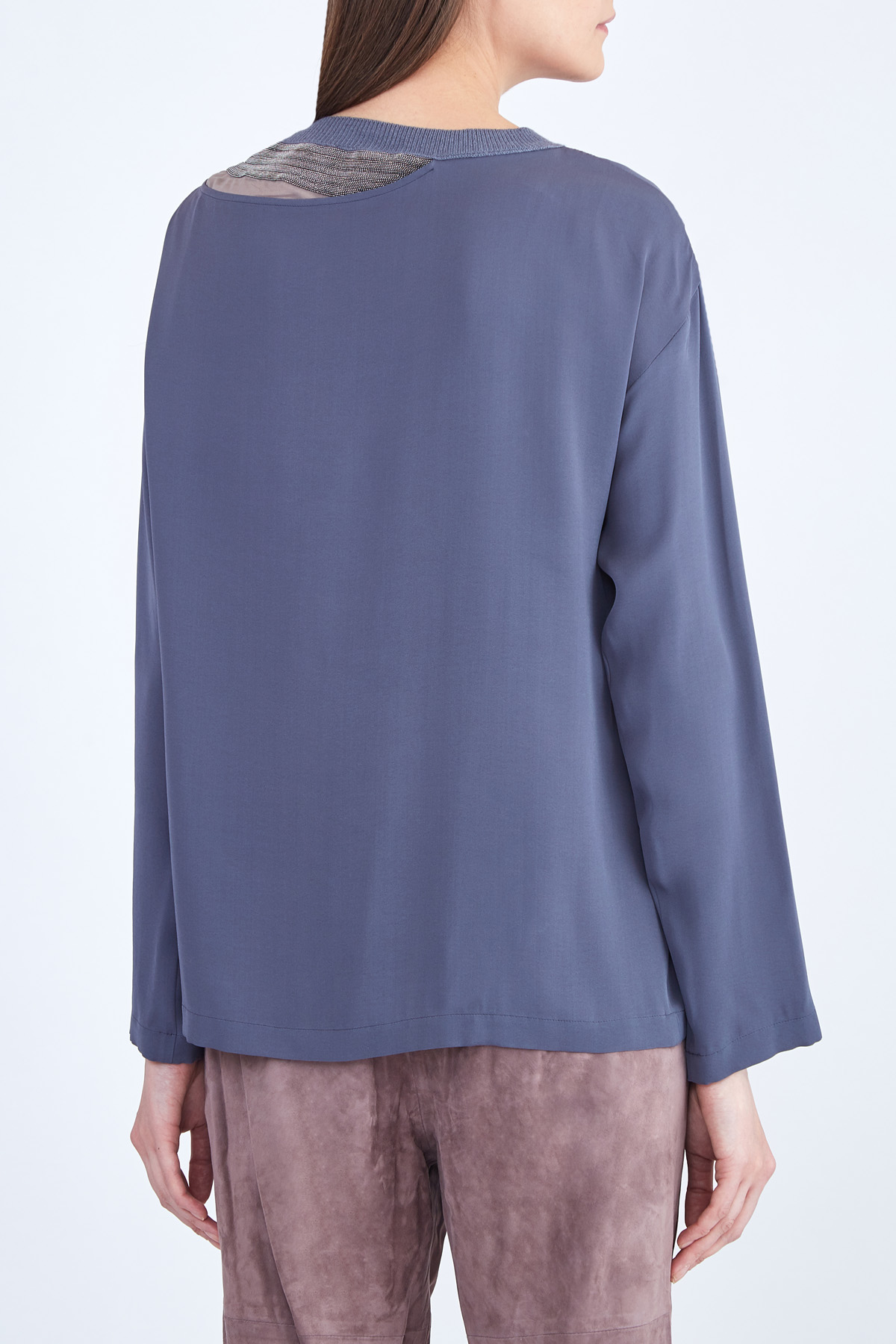 Шелковая блузка с трикотажным воротом, разрезом и цепочками бусин FABIANA FILIPPI, цвет синий, размер 44 - фото 4