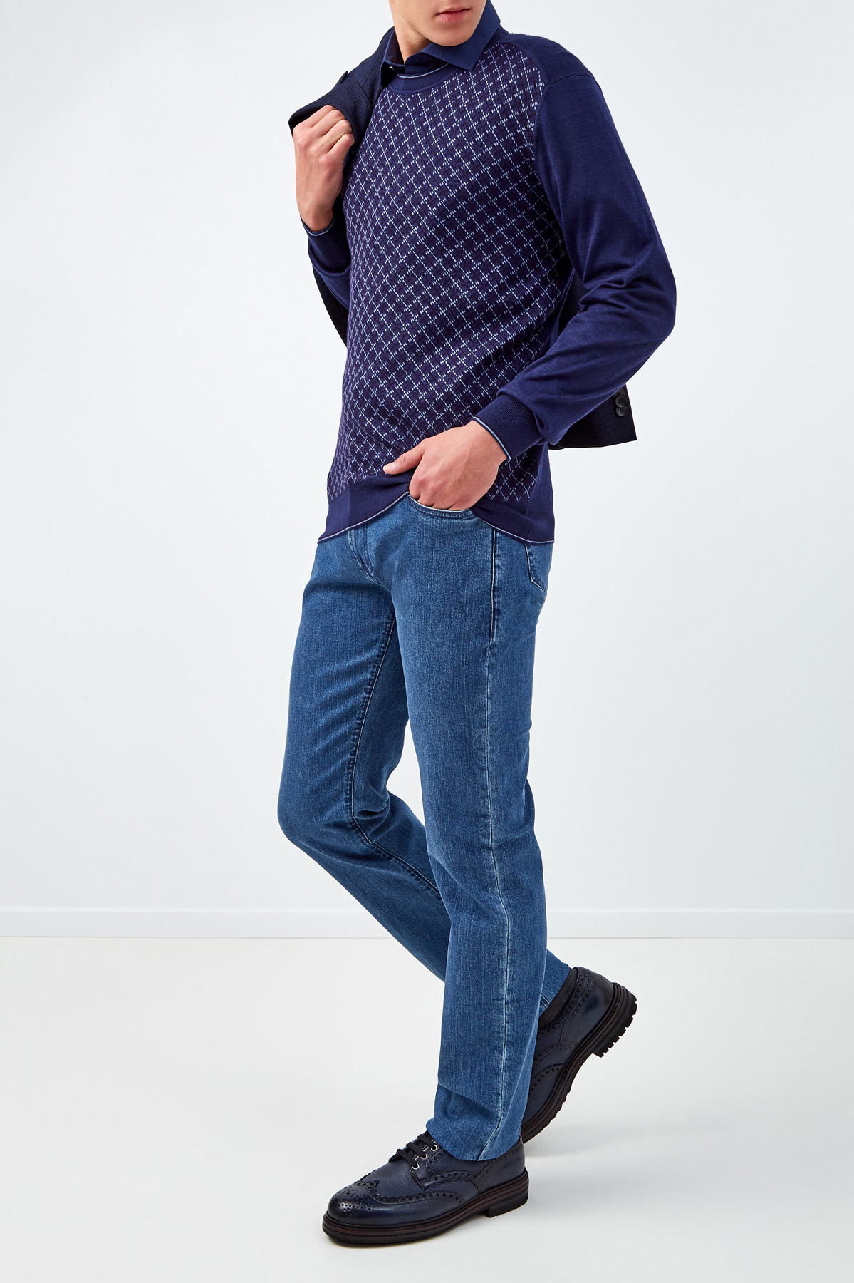 Джемпер из кашемира и шерсти с ромбическим принтом BERTOLO CASHMERE, цвет синий, размер 52;54;60;50 - фото 2