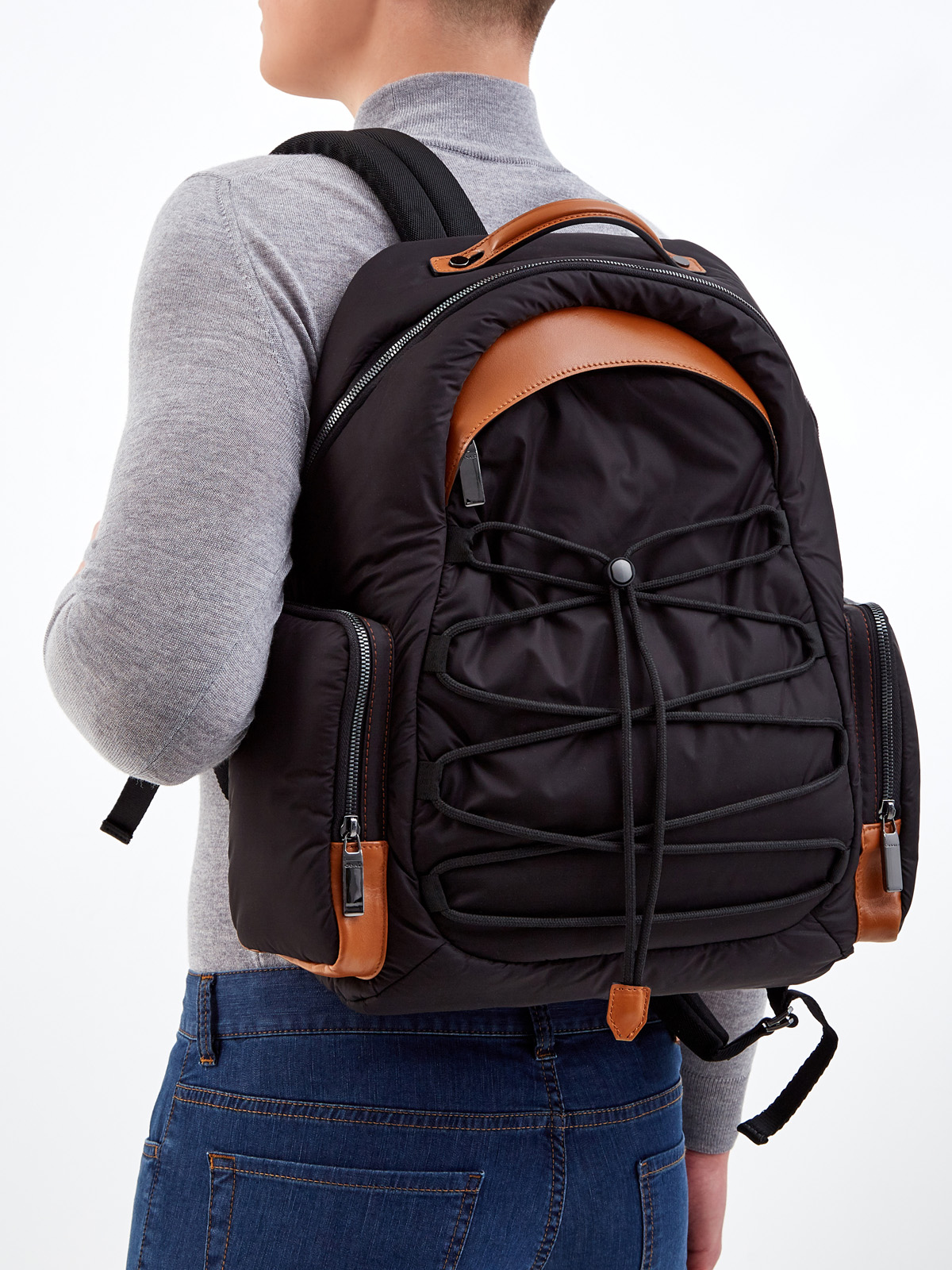 Объемный рюкзак из матового нейлона с кожаной отделкой CANALI, цвет черный, размер 48;50;52 - фото 2