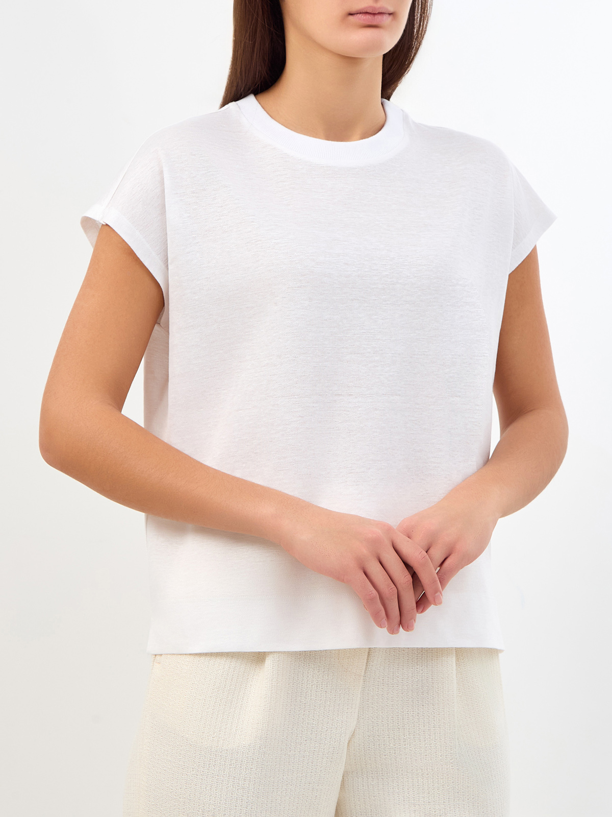 Свободная футболка из хлопка и льна с трикотажным воротом PESERICO, цвет белый, размер 38;40;42;44;48 - фото 3
