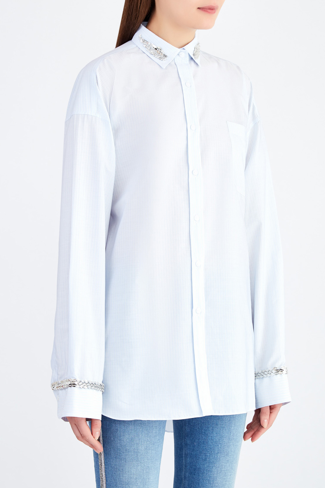 Рубашка свободного кроя с расшитыми вручную манжетами и воротом ERMANNO SCERVINO, цвет голубой, размер 36 - фото 3
