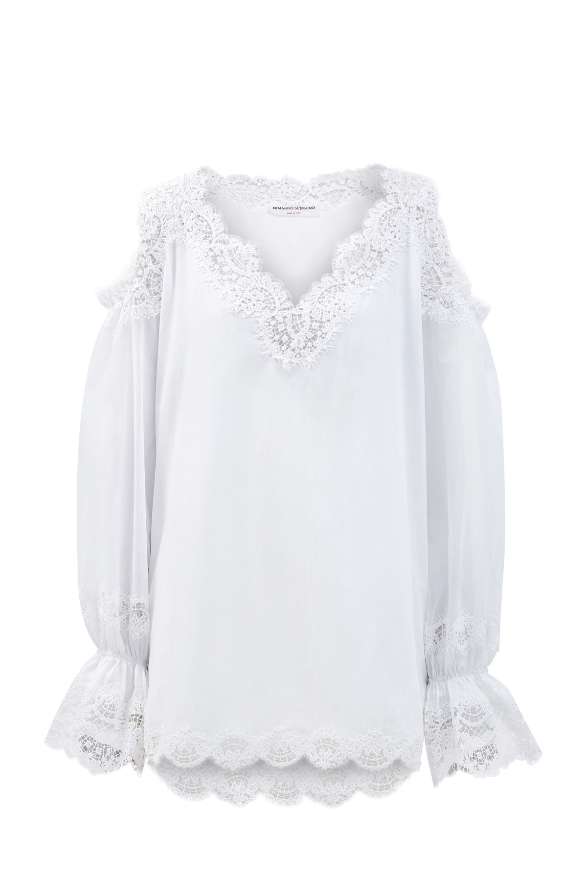 Блуза из хлопкового муслина с кружевной отделкой кромок ERMANNO SCERVINO, цвет белый, размер 42;44 - фото 1
