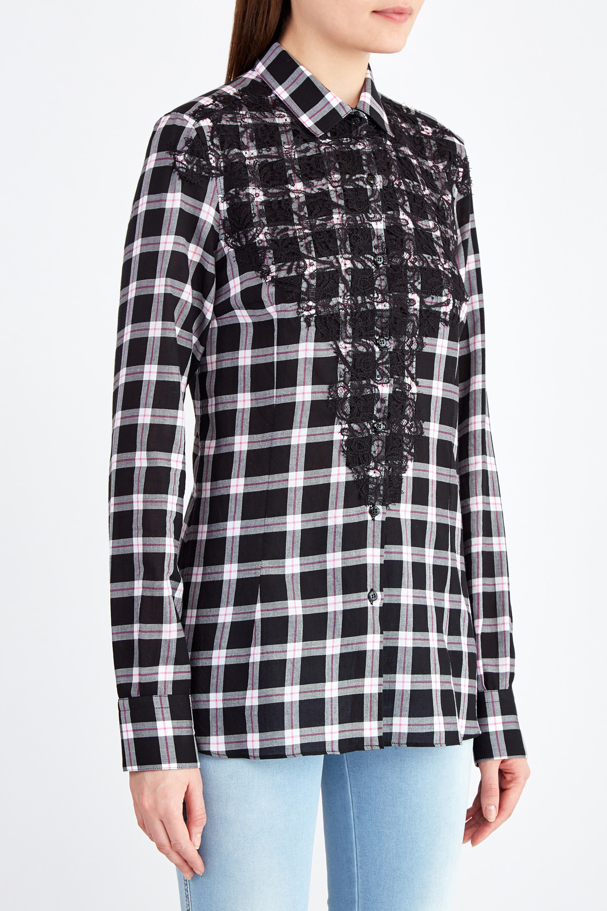 Приталенная рубашка из хлопка с отделкой кружевом ручной работы ERMANNO SCERVINO, цвет черно-белый, размер 40;44 - фото 3