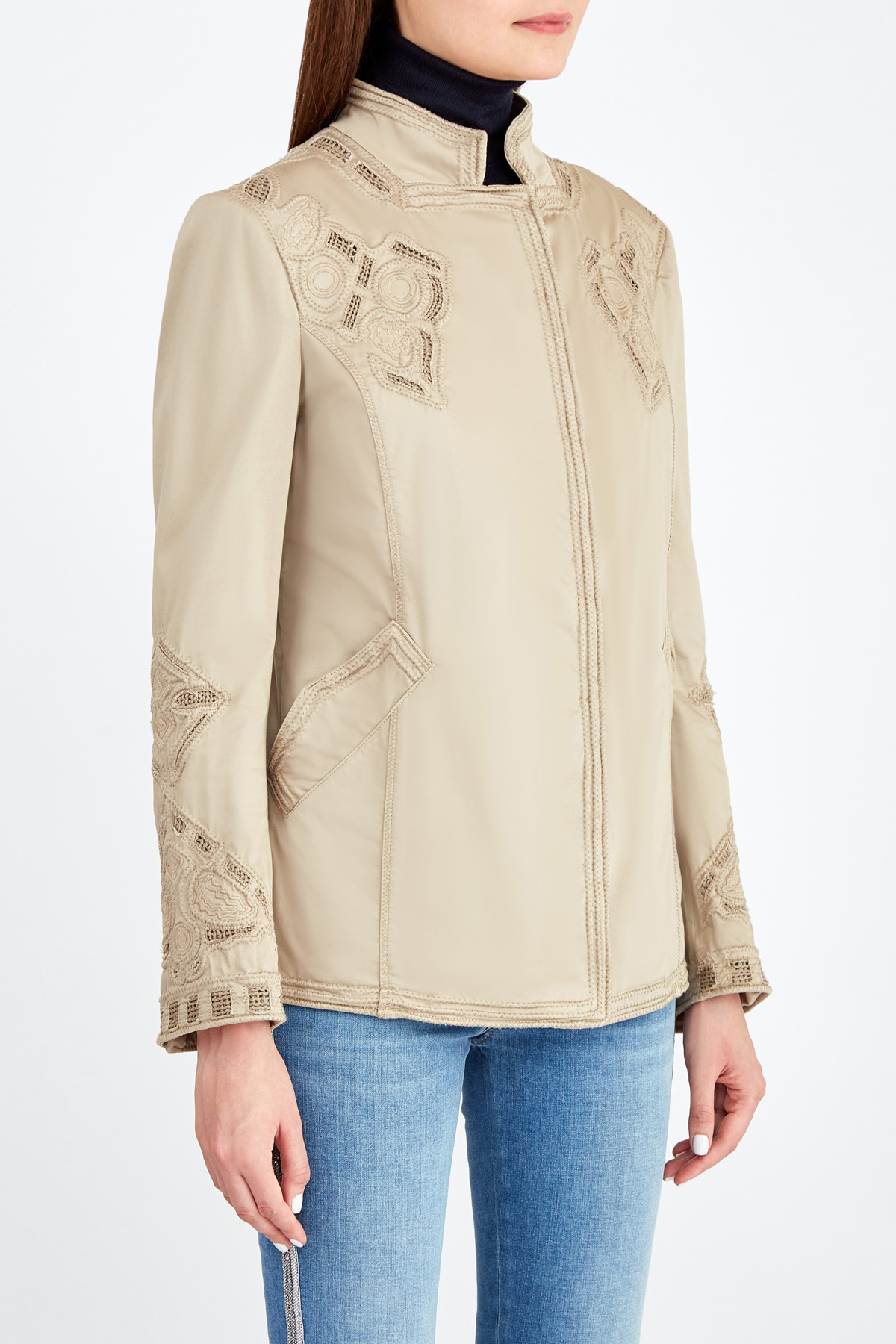 Куртка из габардина с перфорацией и кружевной отделкой ручной работы ERMANNO SCERVINO, цвет бежевый, размер 42 - фото 3