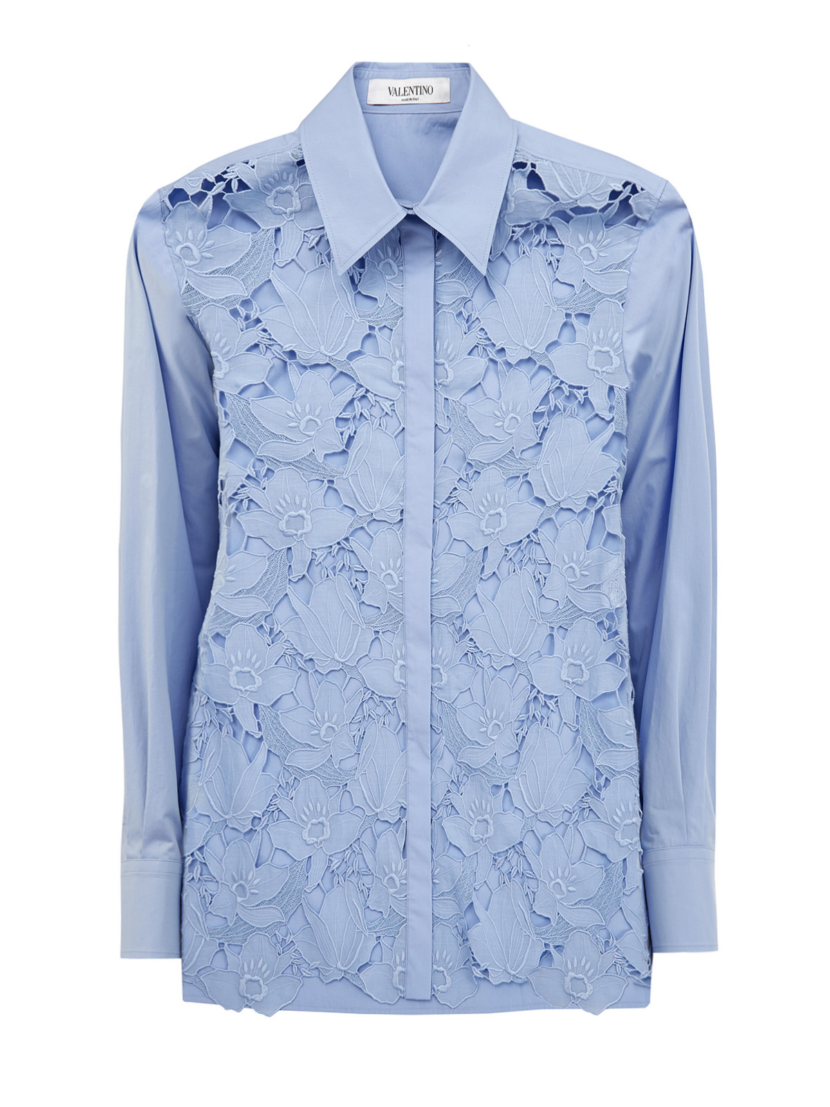 Удлиненная блуза из поплина с ажурной вышивкой VALENTINO, цвет голубой, размер 38;40;42;36 - фото 1