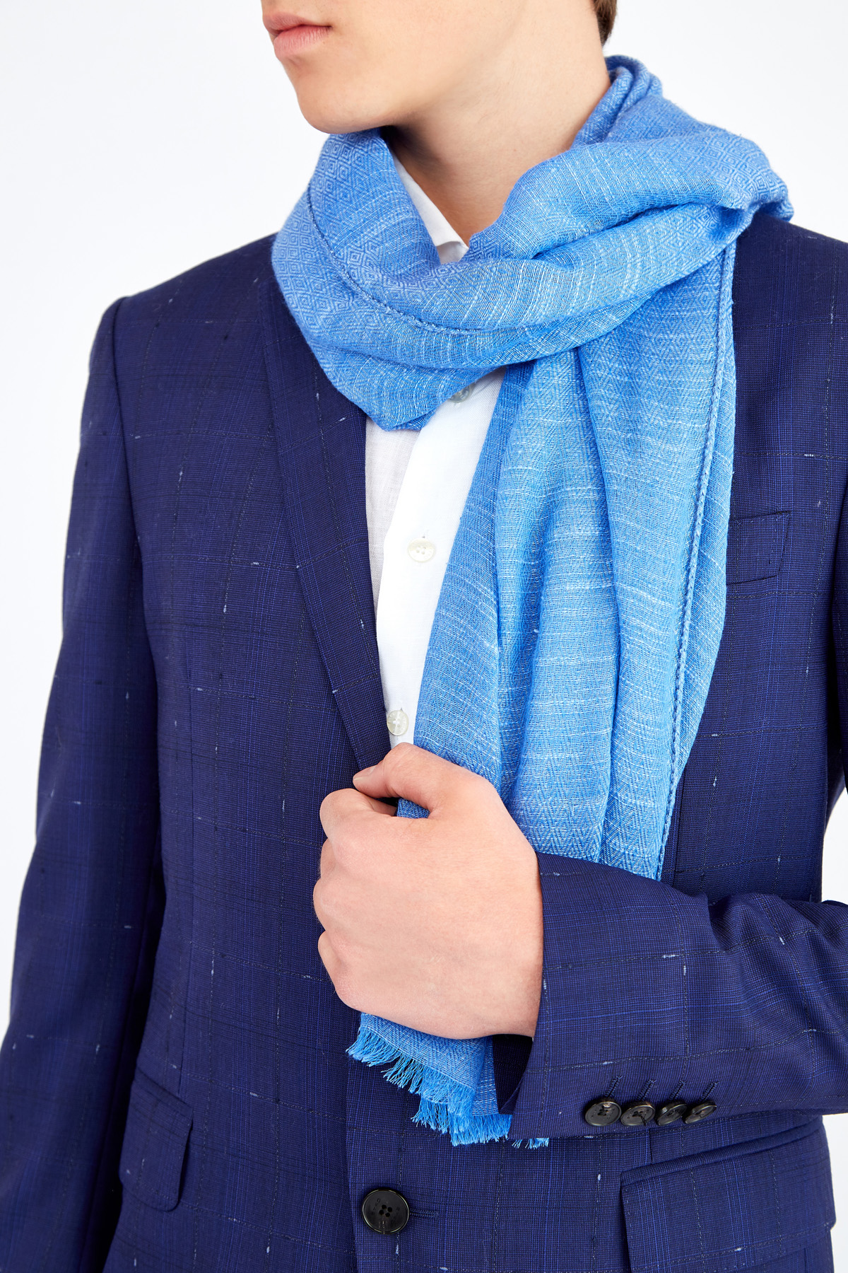 Шарф из шелка и шерсти с жаккардовым ромбическим узором ETRO, цвет голубой, размер 37;37.5;38;39;40 - фото 2