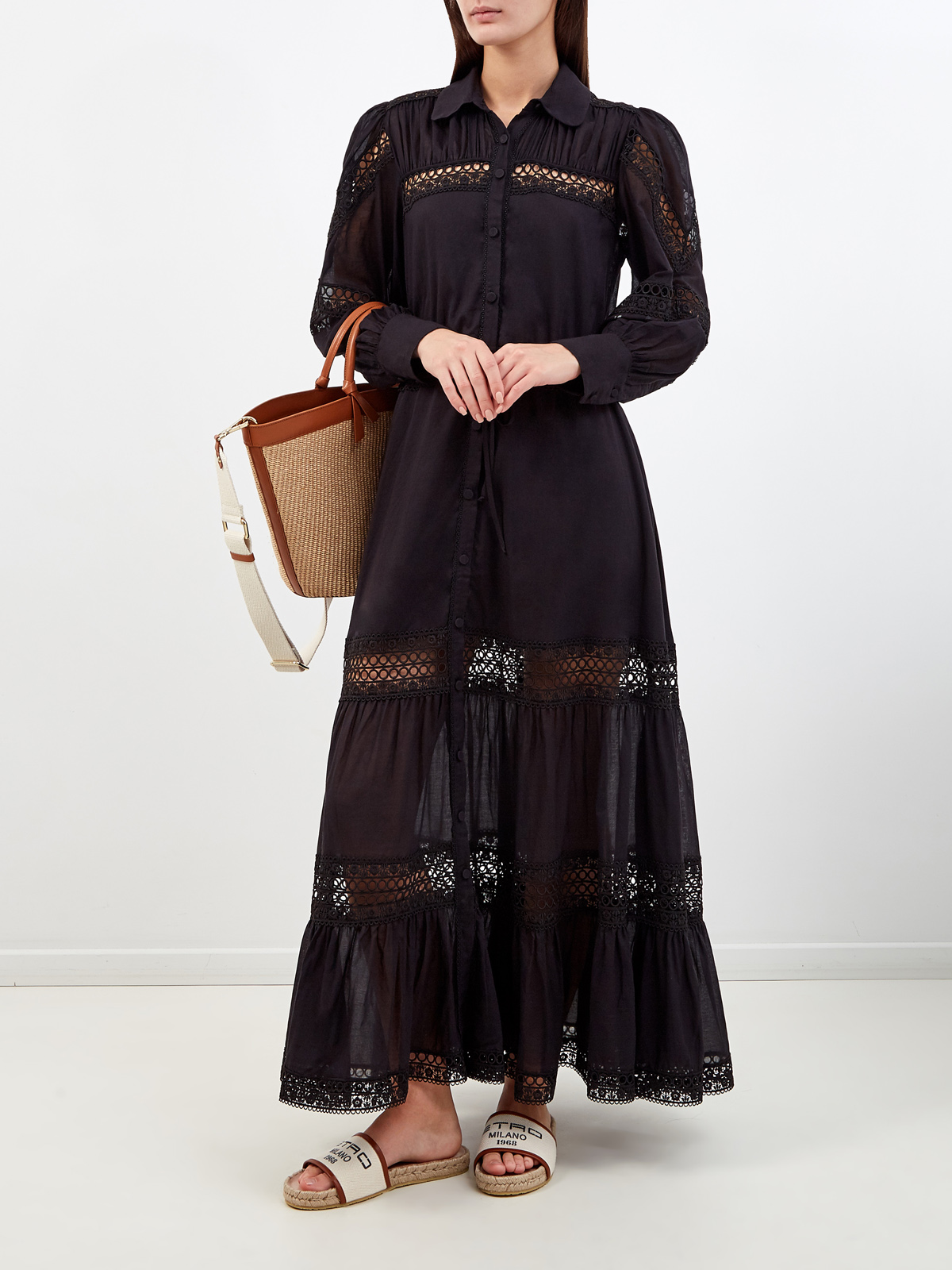 Длинное платье-рубашка Ileana с ажурной вышивкой CHARO RUIZ IBIZA, цвет черный, размер S;M;L;XL - фото 2
