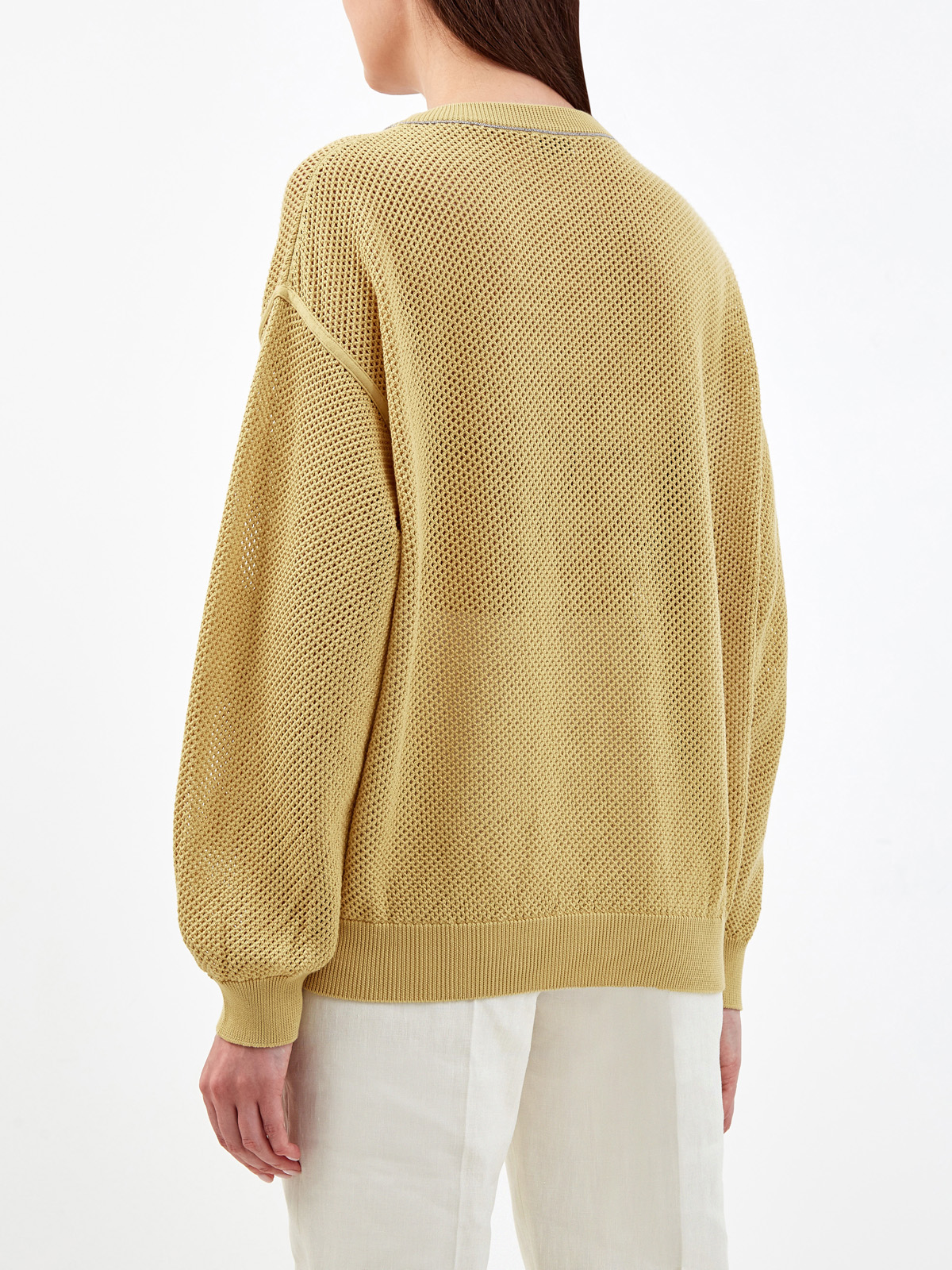 Пуловер из хлопковой пряжи узорной вязки с ювелирной цепочкой Мониль BRUNELLO CUCINELLI, цвет желтый, размер 44;42 - фото 4
