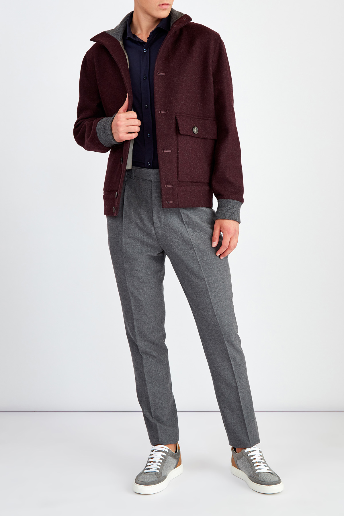 Укороченное пальто из шерсти с вязаными вставками BRUNELLO CUCINELLI, цвет бордовый, размер 54 - фото 2