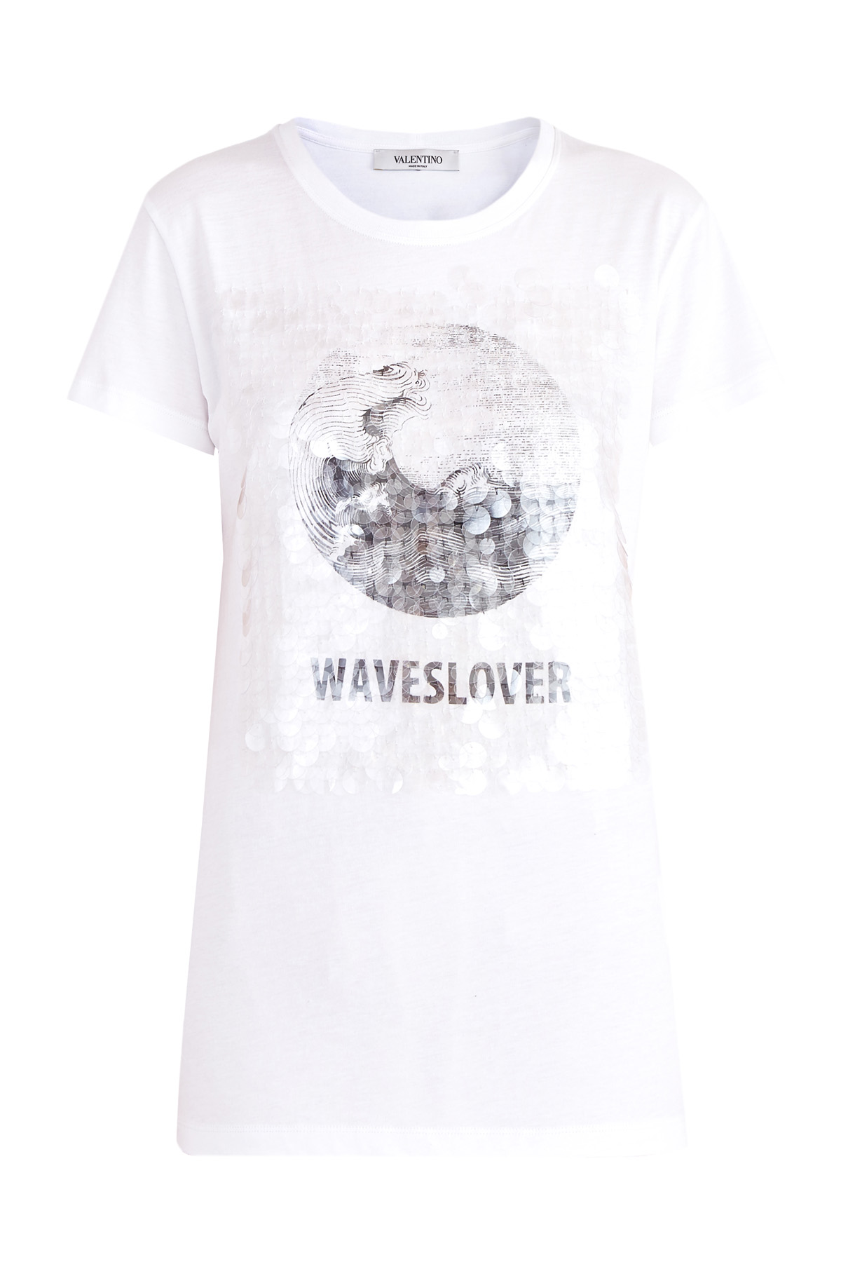 Хлопковая футболка с черно-белой аппликацией и вышивкой пайетками VALENTINO, цвет белый, размер 42;44 - фото 1