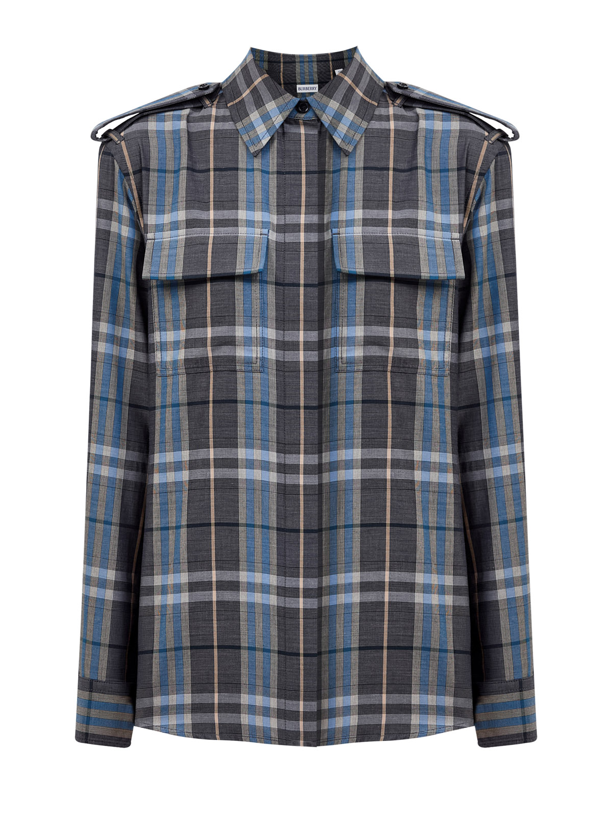 

Хлопковая рубашка в стиле милитари с принтом Burberry Check, Синий, Хлопковая рубашка в стиле милитари с принтом Burberry Check