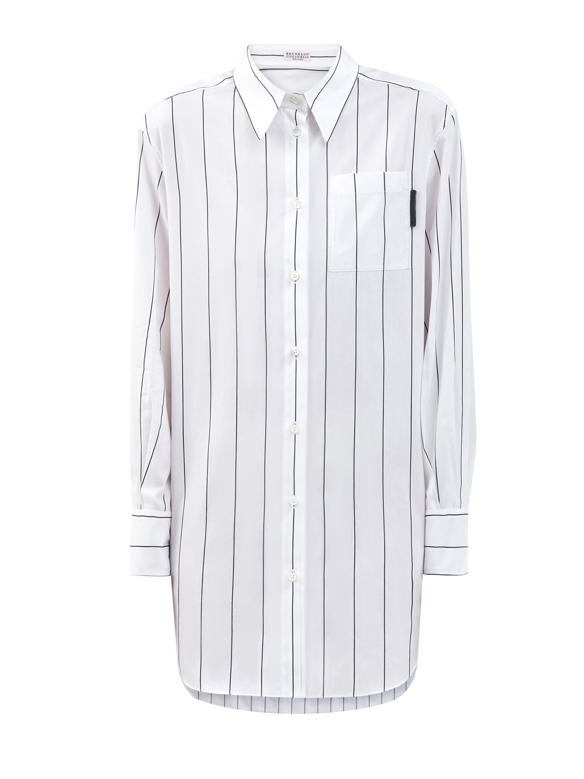 Удлиненная рубашка из хлопка и шелка с принтом в полоску BRUNELLO CUCINELLI, цвет белый, размер 38;42;46;48;40 - фото 1