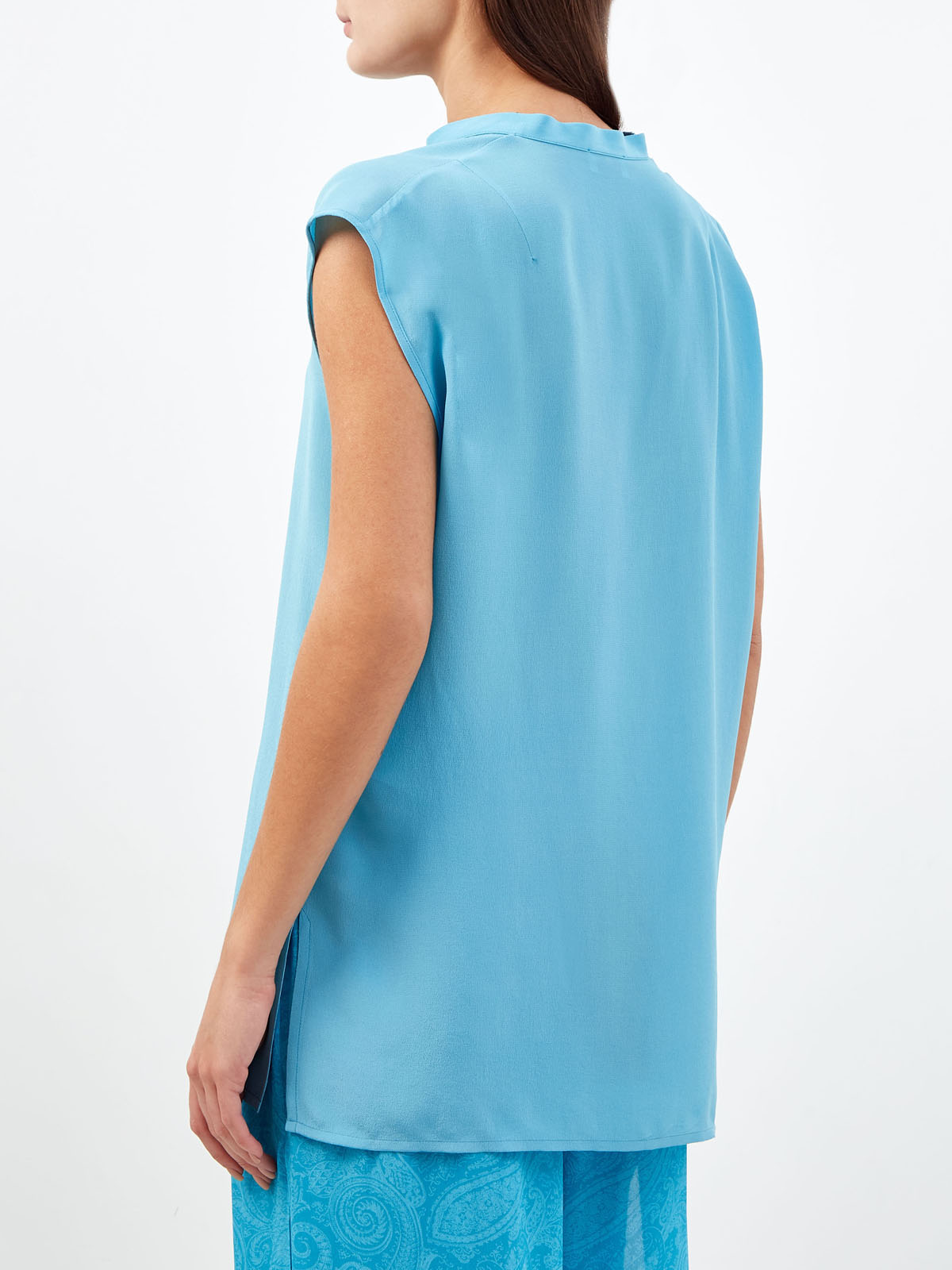 Шелковая блуза удлиненного кроя с V-образным вырезом ETRO, цвет голубой, размер 38;42;44;46;48;50;40 - фото 4